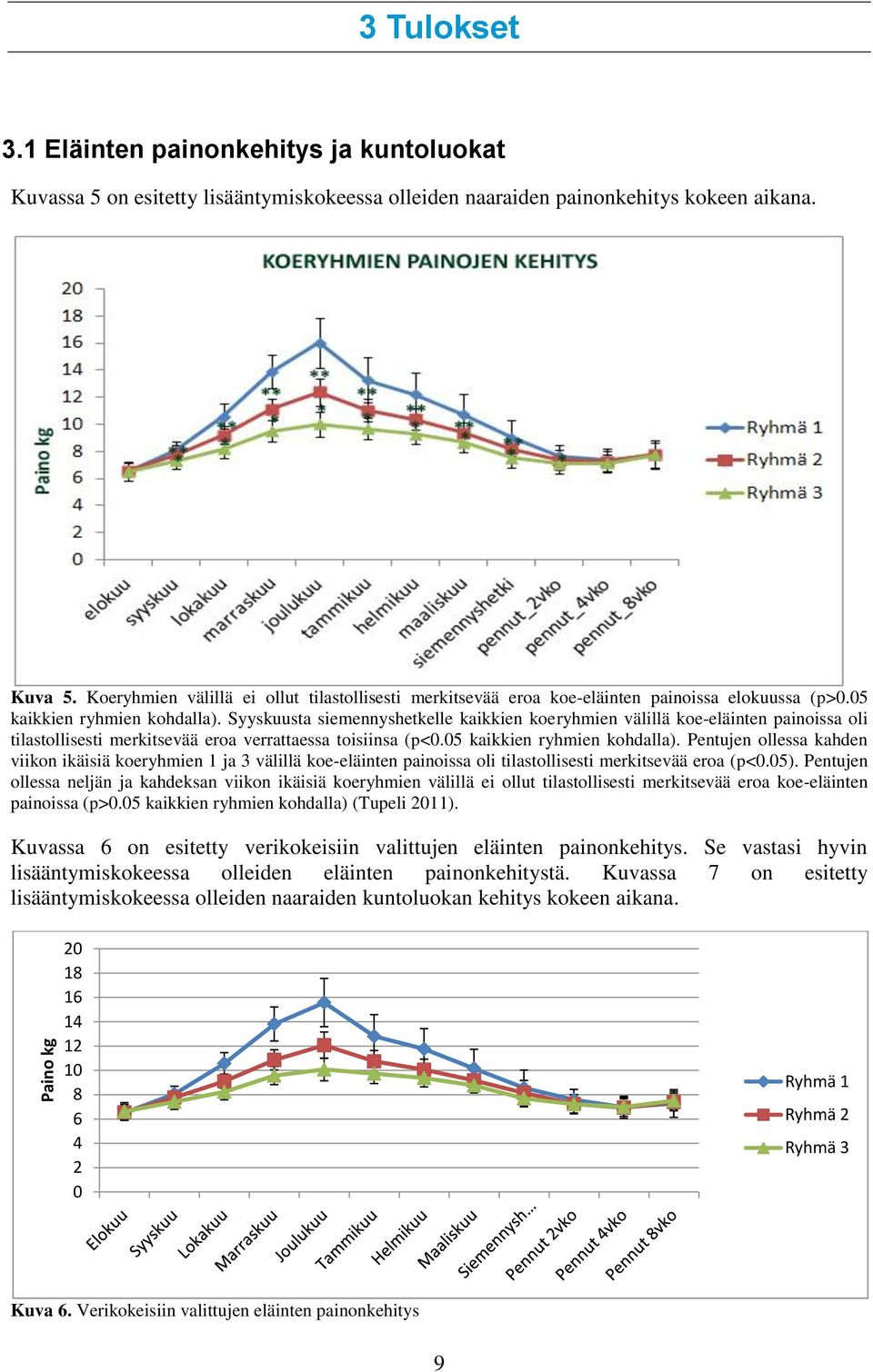 Syyskuusta siemennyshetkelle kaikkien koeryhmien välillä koe-eläinten painoissa oli tilastollisesti merkitsevää eroa verrattaessa toisiinsa (p<0.05 kaikkien ryhmien kohdalla).