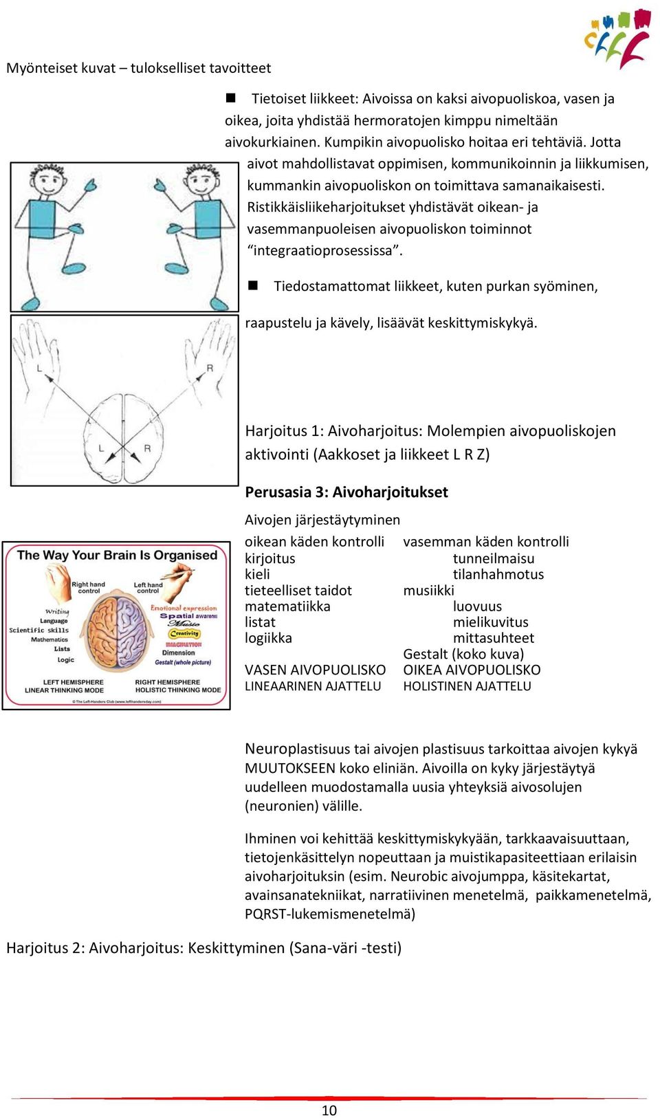 Ristikkäisliikeharjoitukset yhdistävät oikean- ja vasemmanpuoleisen aivopuoliskon toiminnot integraatioprosessissa.