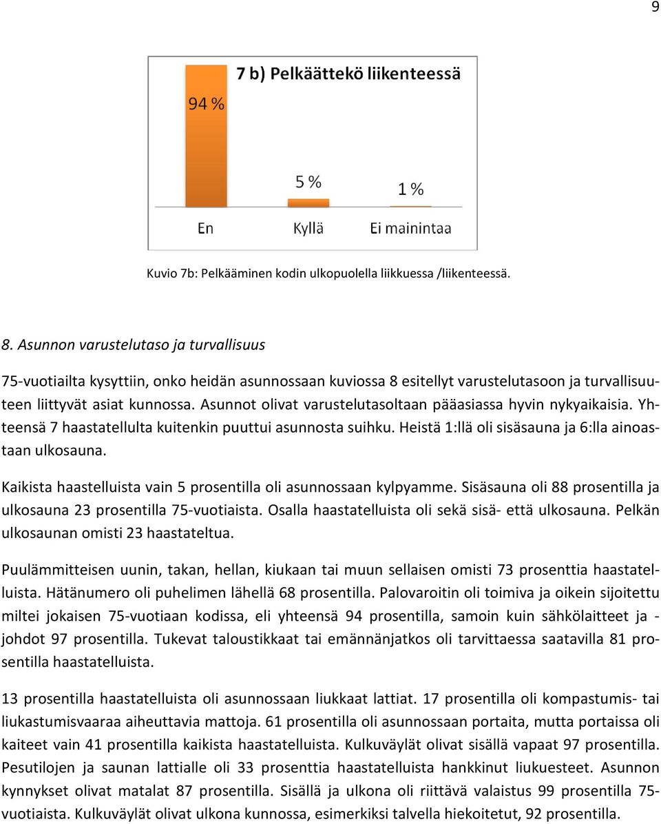 Asunnot olivat varustelutasoltaan pääasiassa hyvin nykyaikaisia. Yhteensä 7 haastatellulta kuitenkin puuttui asunnosta suihku. Heistä 1:llä oli sisäsauna ja 6:lla ainoastaan ulkosauna.