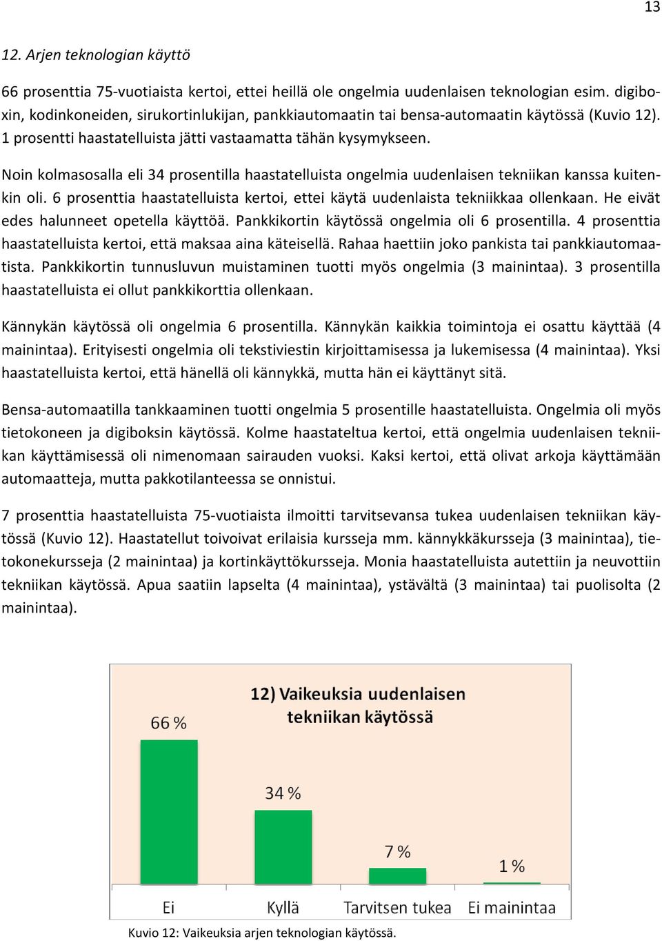 Noin kolmasosalla eli 34 prosentilla haastatelluista ongelmia uudenlaisen tekniikan kanssa kuitenkin oli. 6 prosenttia haastatelluista kertoi, ettei käytä uudenlaista tekniikkaa ollenkaan.