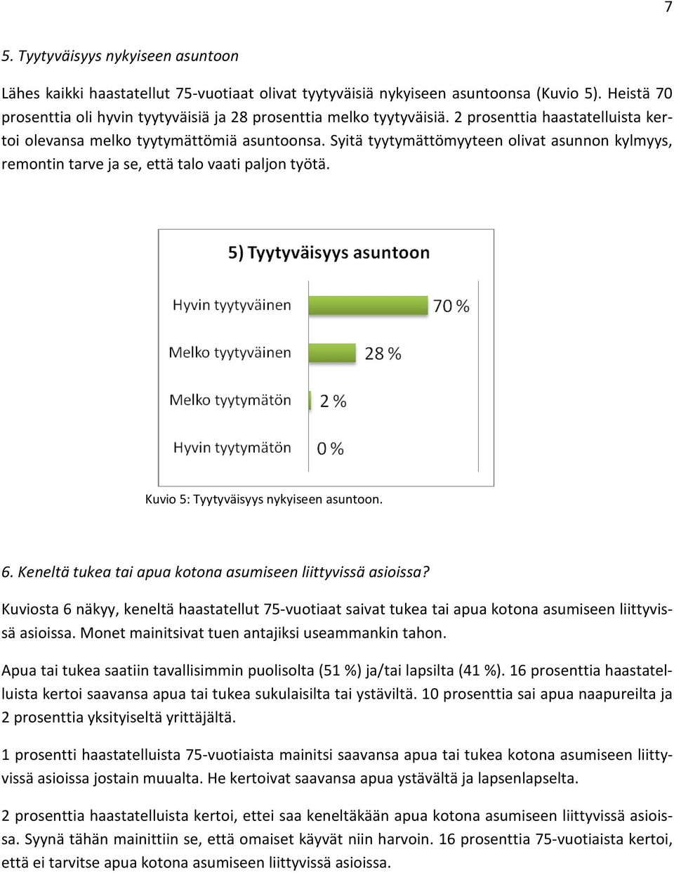 Syitä tyytymättömyyteen olivat asunnon kylmyys, remontin tarve ja se, että talo vaati paljon työtä. Kuvio 5: Tyytyväisyys nykyiseen asuntoon. 6.