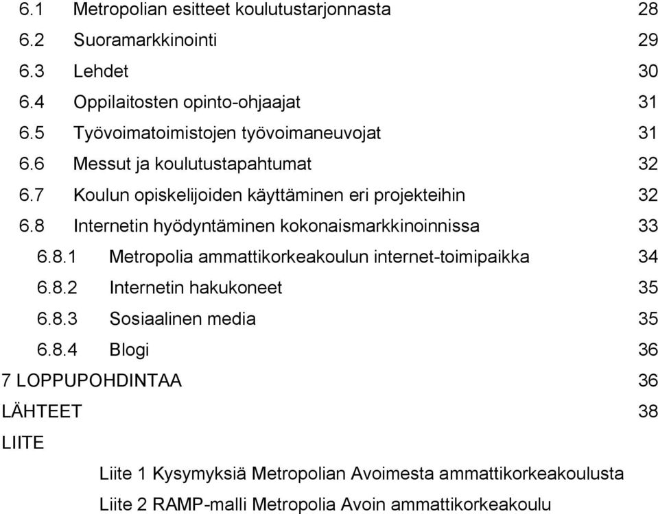 8 Internetin hyödyntäminen kokonaismarkkinoinnissa 33 6.8.1 Metropolia ammattikorkeakoulun internet-toimipaikka 34 6.8.2 Internetin hakukoneet 35 6.8.3 Sosiaalinen media 35 6.