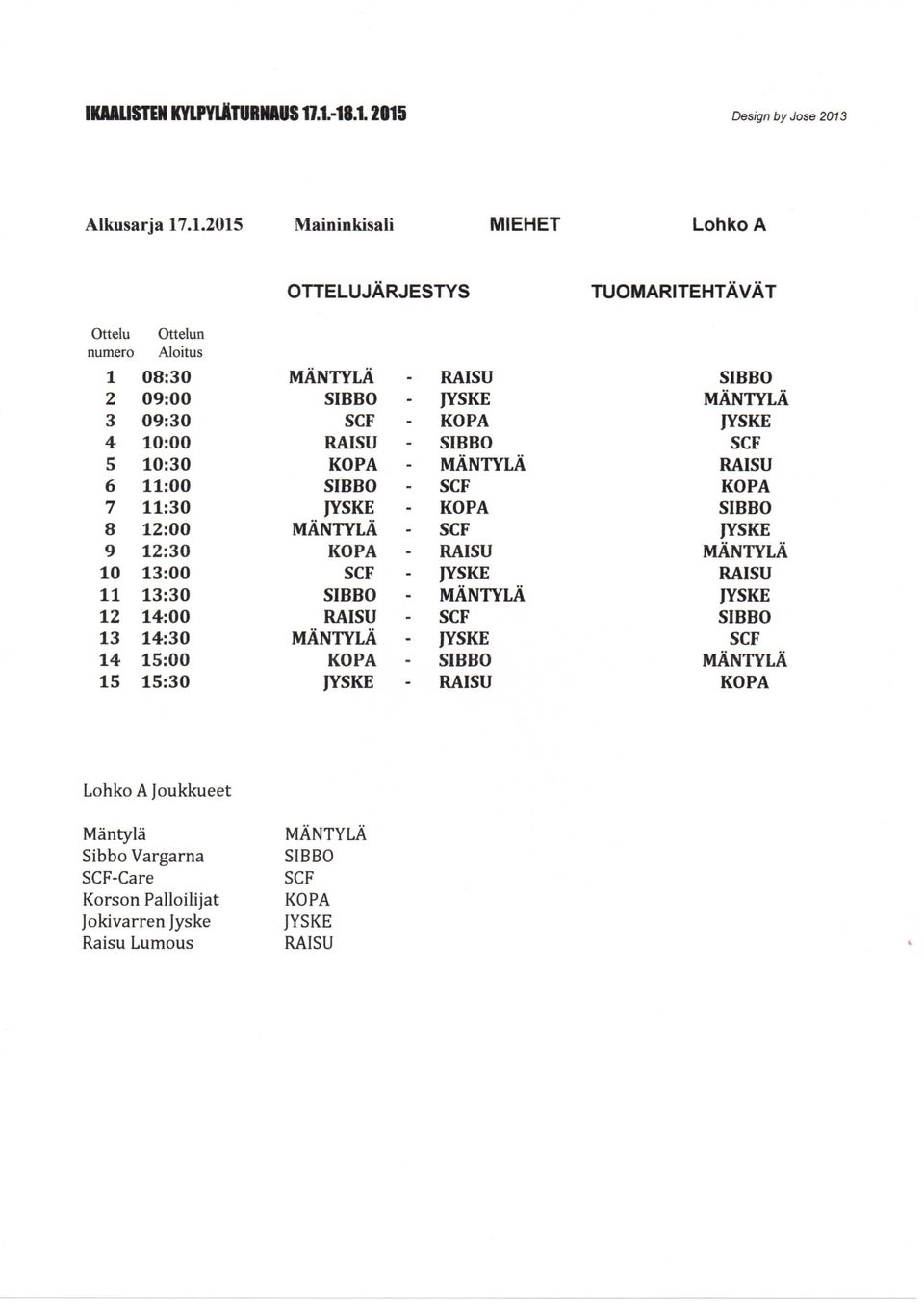 09:00 SIBBO JYSKE MANTYLA 3 09:30 SCF - KOPA JYSKE 4 10:00 RAISU - SIBBO SCF 5 10:30 KOPA MANTYLA RAISU 6 11:00 SIBBO SCF KOPA 7 11:30 JYSKE KOPA SIBBO 8 12:00 MANTYLA SCF