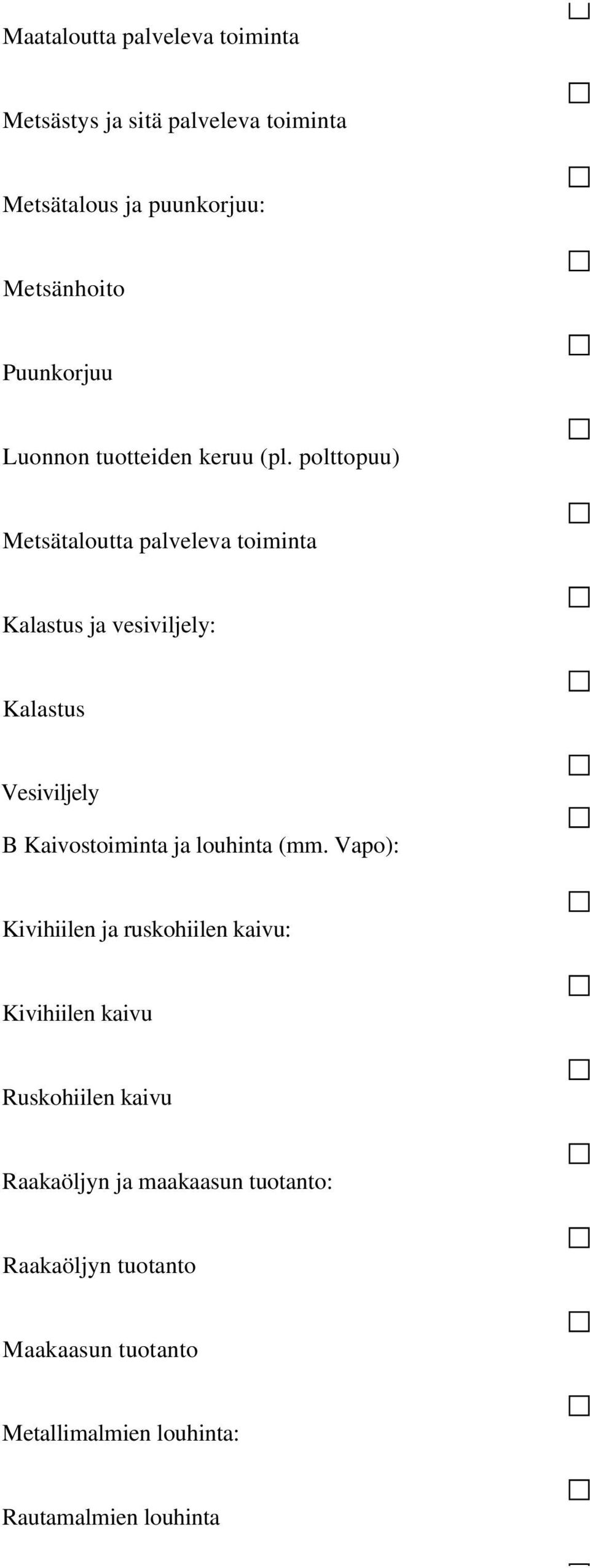 polttopuu) Metsätaloutta palveleva toiminta Kalastus ja vesiviljely: Kalastus Vesiviljely B Kaivostoiminta ja