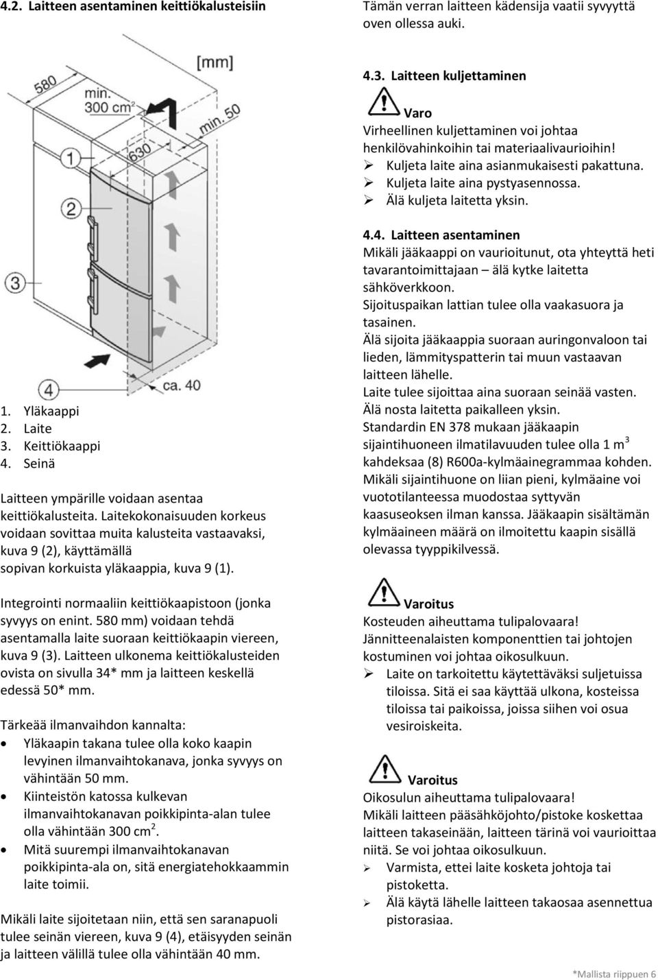 Älä kuljeta laitetta yksin. 1. Yläkaappi 2. Laite 3. Keittiökaappi 4. Seinä Laitteen ympärille voidaan asentaa keittiökalusteita.