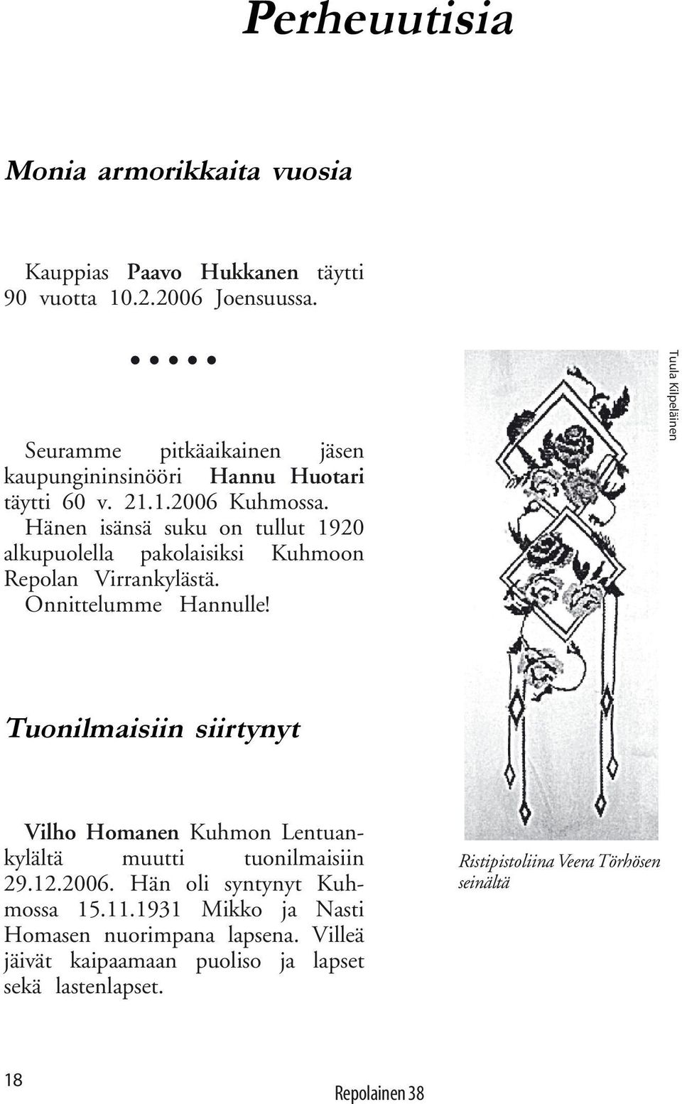 Hänen isänsä suku on tullut 1920 alkupuolella pakolaisiksi Kuhmoon Repolan Virrankylästä. Onnittelumme Hannulle!