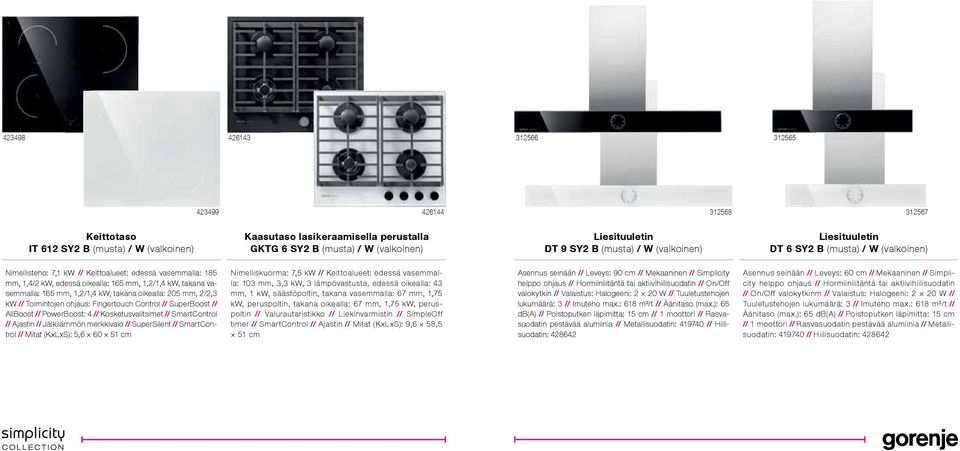 vasemmalla: 165 mm, 1,2/1,4 kw, takana oikealla: 205 mm, 2/2,3 kw // Toimintojen ohjaus: Fingertouch Control // SuperBoost // AllBoost // PowerBoost: 4 // Kosketusvalitsimet // SmartControl //