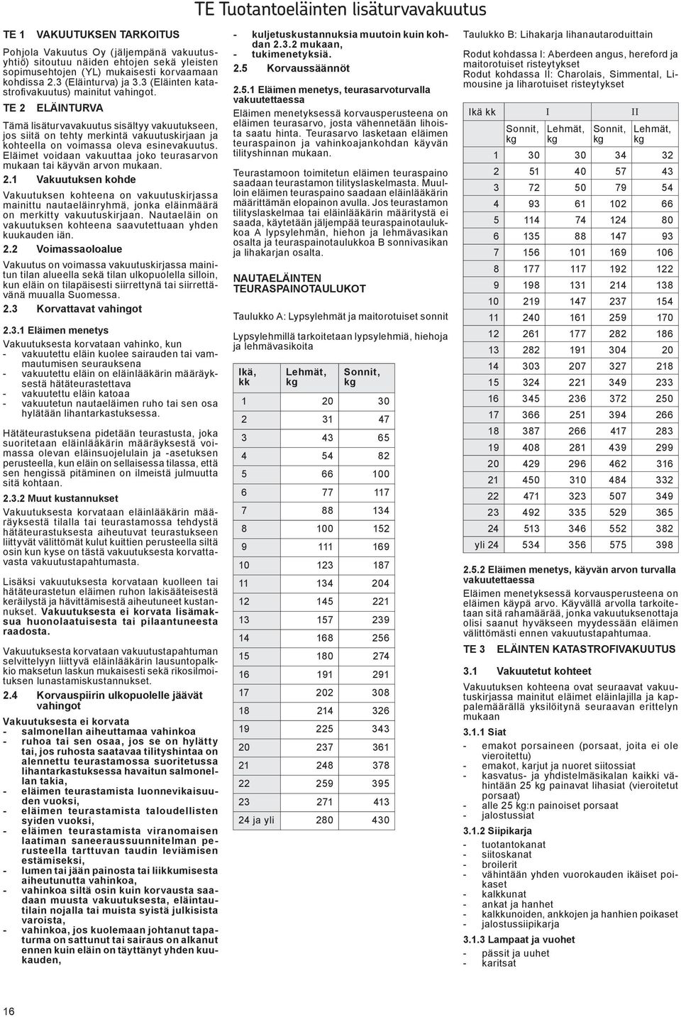 TE 2 ELÄINTURVA Tämä lisäturvavakuutus sisältyy vakuutukseen, jos siitä on tehty merkintä vakuutuskirjaan ja kohteella on voimassa oleva esinevakuutus.