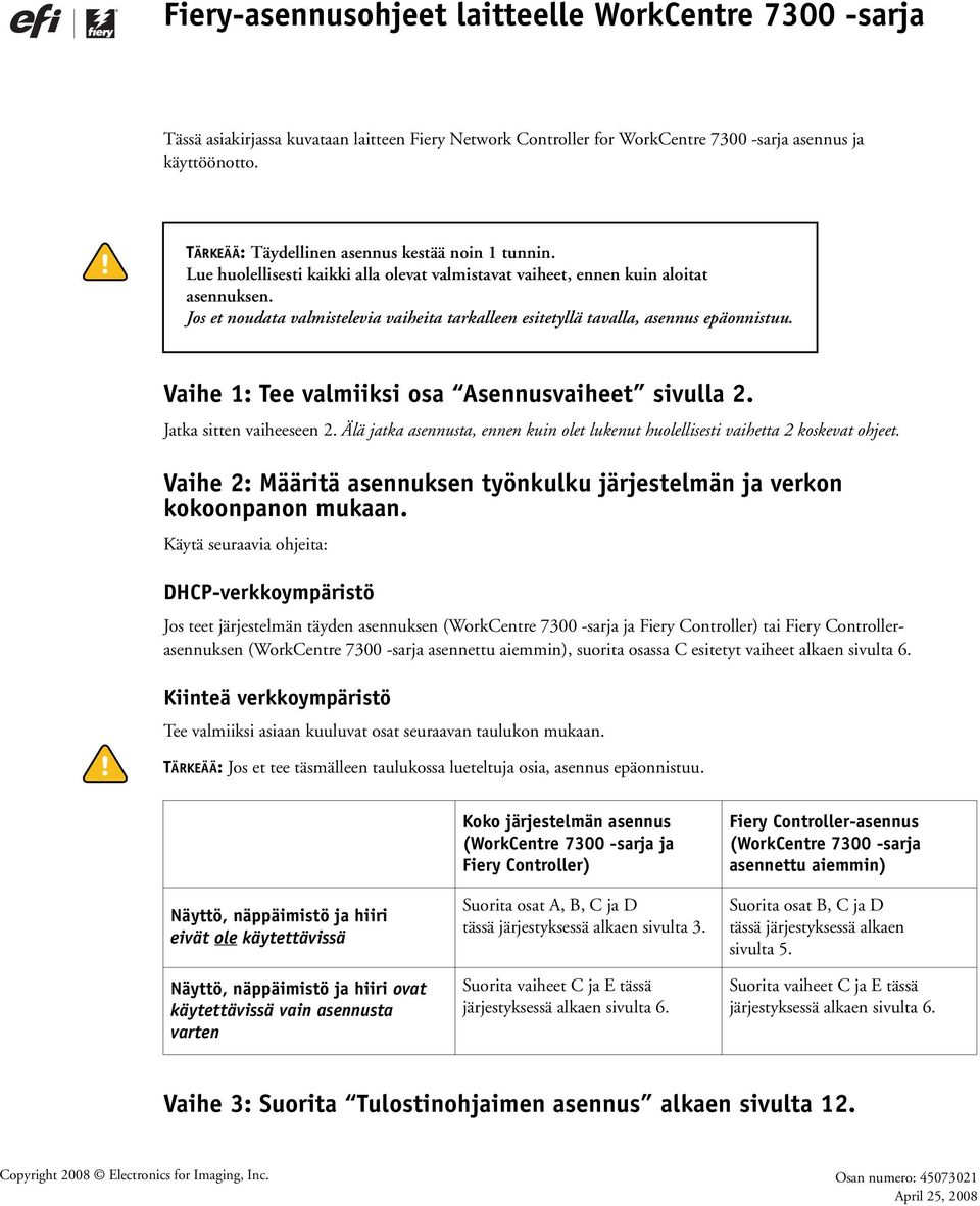 Jos et noudata valmistelevia vaiheita tarkalleen esitetyllä tavalla, asennus epäonnistuu. Vaihe 1: Tee valmiiksi osa Asennusvaiheet sivulla 2. Jatka sitten vaiheeseen 2.