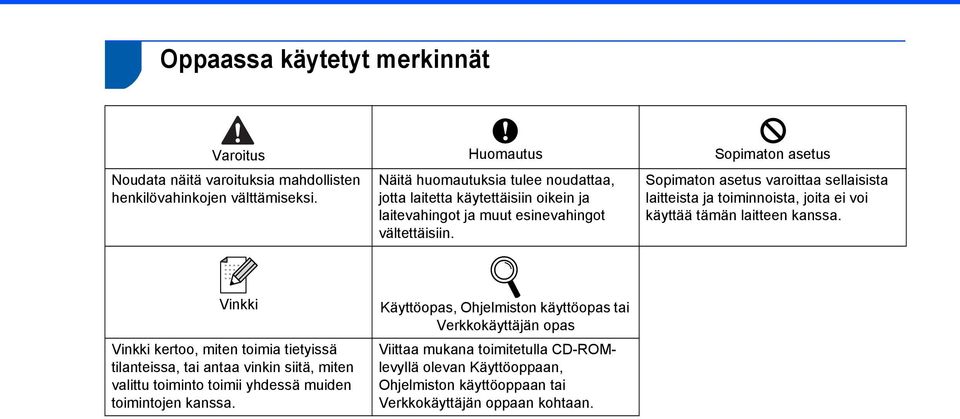 Sopimaton asetus varoittaa sellaisista laitteista ja toiminnoista, joita ei voi käyttää tämän laitteen kanssa.