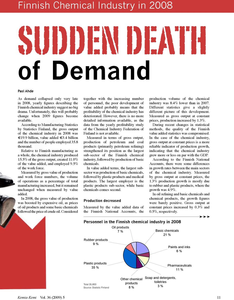 9 billion, value added 3.4 billion and the number of people employed 35.8 thousand. Relative to Finnish manufacturing as a whole, the chemical industry produced 15.5% of the gross output, created 11.