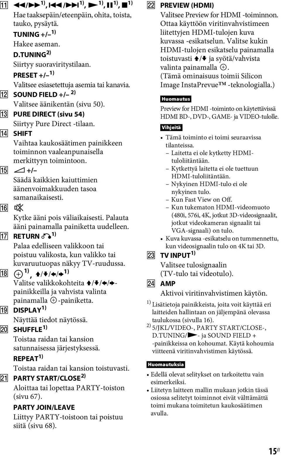 N SHIFT Vaihtaa kaukosäätimen painikkeen toiminnon vaaleanpunaisella merkittyyn toimintoon. O +/ Säädä kaikkien kaiuttimien äänenvoimakkuuden tasoa samanaikaisesti. P Kytke ääni pois väliaikaisesti.