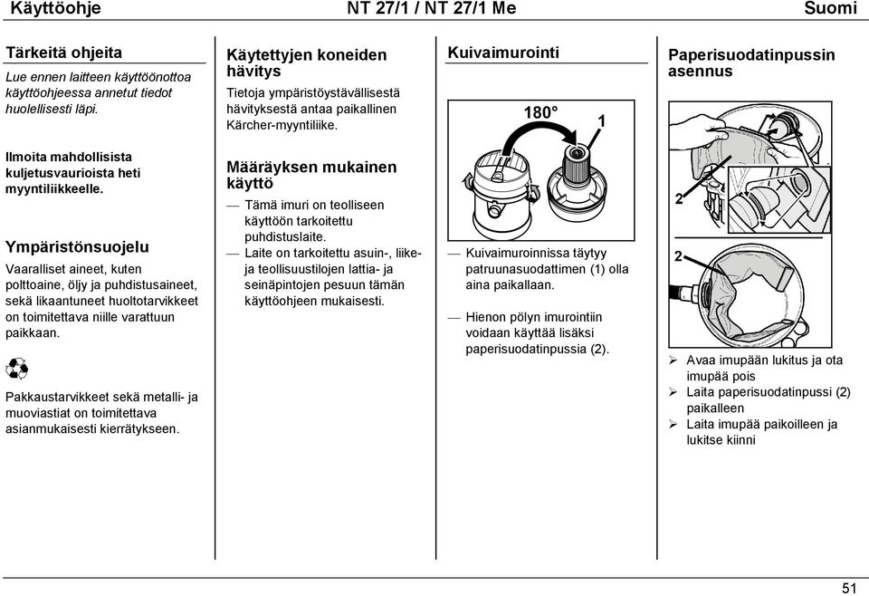 Kuivaimurointi Paperisuodatinpussin asennus Ilmoita mahdollisista kuljetusvaurioista heti myyntiliikkeelle.