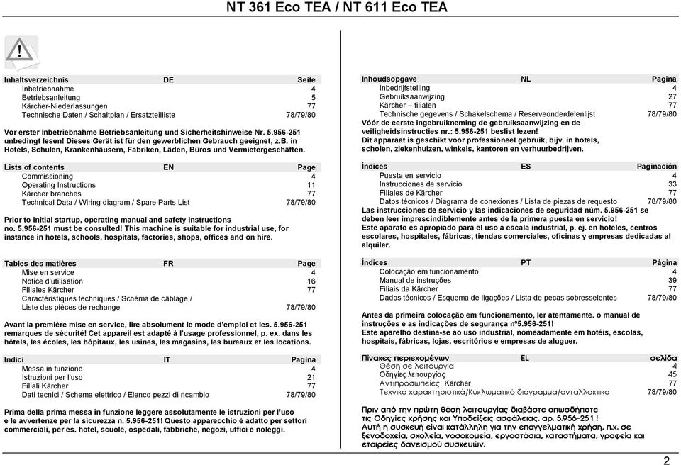 Lists of contents EN Page Commissioning 4 Operating Instructions 11 Kärcher branches 77 Technical Data / Wiring diagram / Spare Parts List 78/79/80 Prior to initial startup, operating manual and