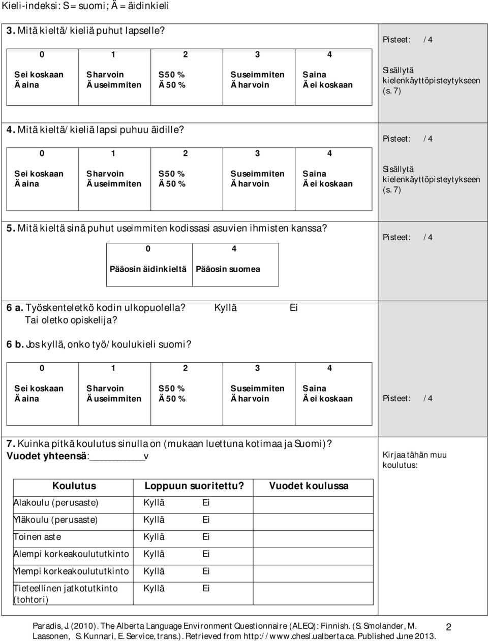 Jos kyllä, onko työ/koulukieli suomi? S 5 % Ä 5 % Pisteet: / 7. Kuinka pitkä koulutus sinulla on (mukaan luettuna kotimaa ja Suomi)?