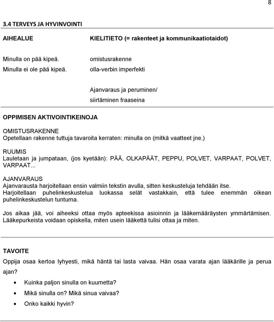 vaatteet jne.) RUUMIS Lauletaan ja jumpataan, (jos kyetään): PÄÄ, OLKAPÄÄT, PEPPU, POLVET, VARPAAT, POLVET, VARPAAT.