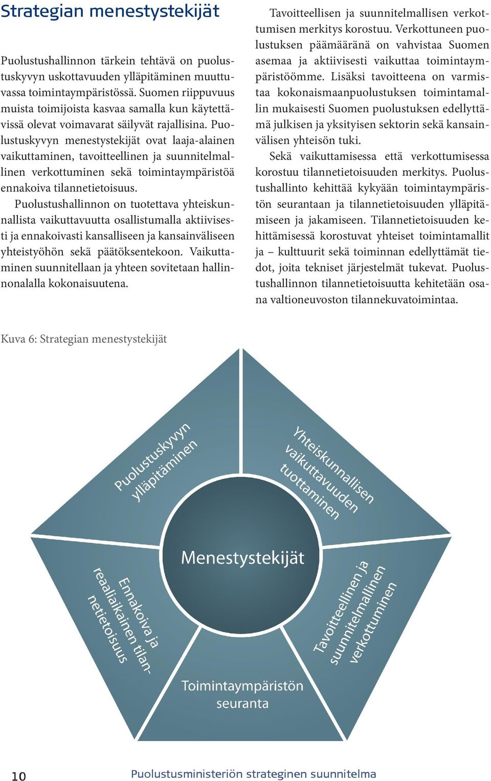 Puolustuskyvyn menestystekijät ovat laaja-alainen vaikuttaminen, tavoitteellinen ja suunnitelmallinen verkottuminen sekä toimintaympäristöä ennakoiva tilannetietoisuus.