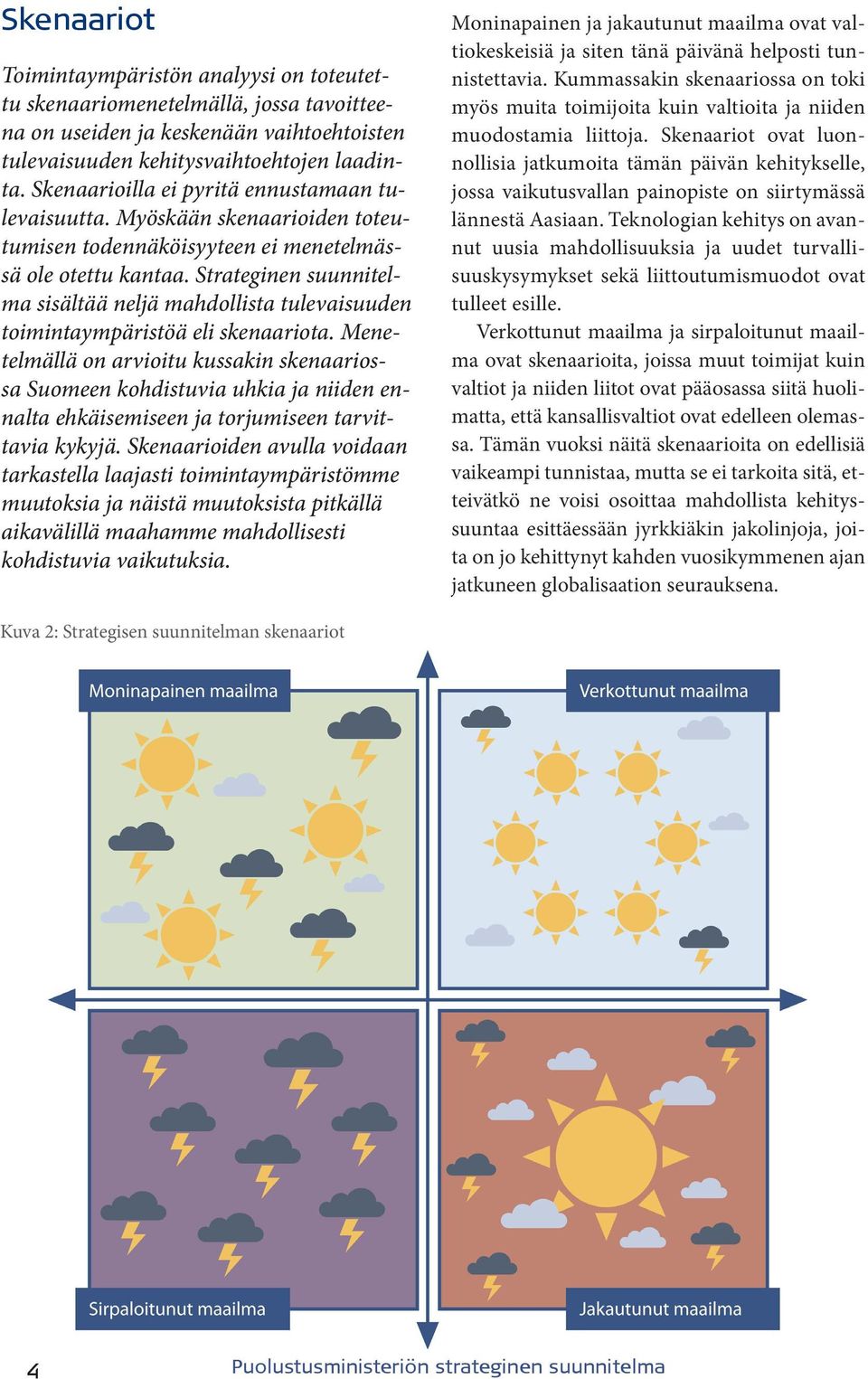 Strateginen suunnitelma sisältää neljä mahdollista tulevaisuuden toimintaympäristöä eli skenaariota.