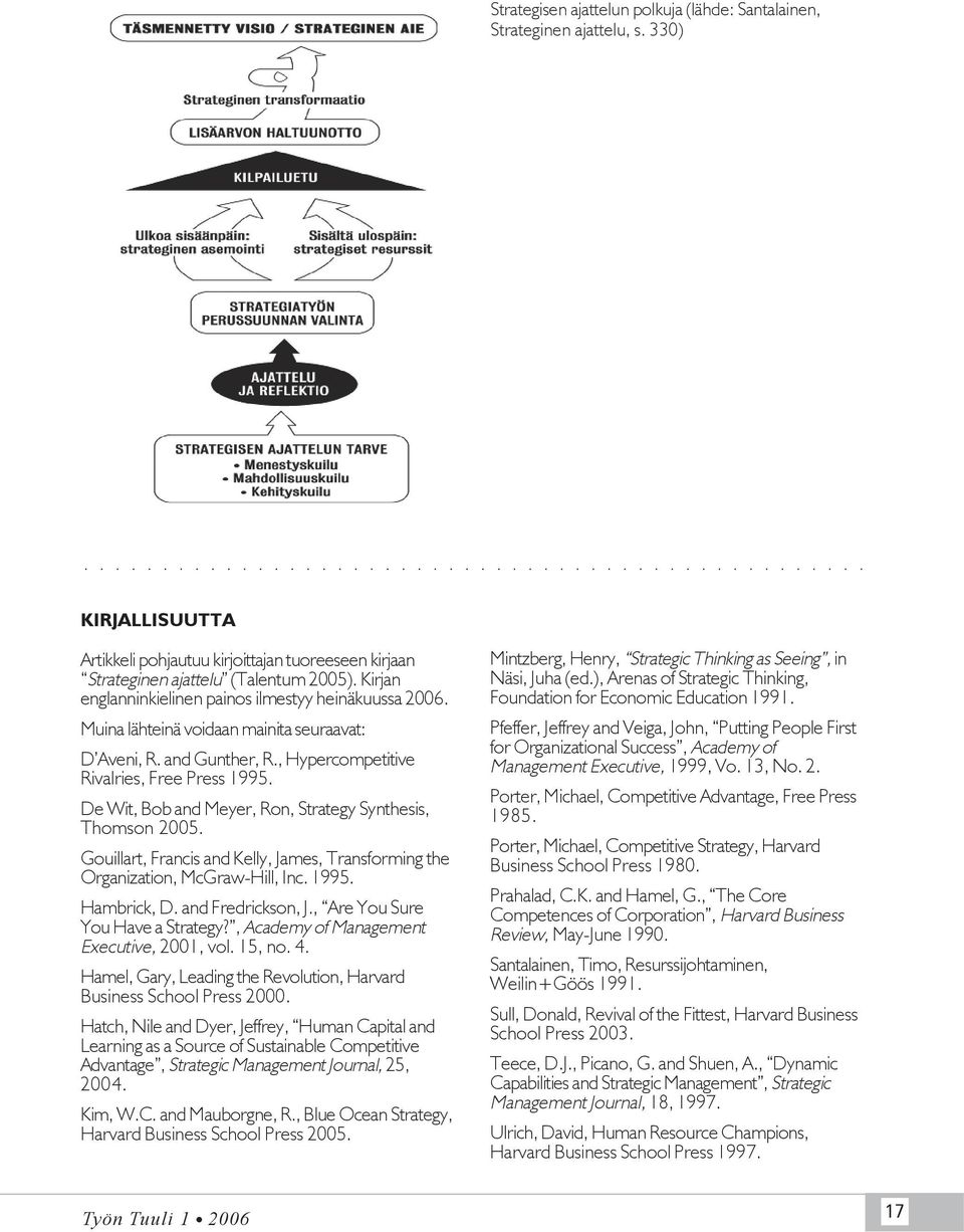 De Wit, Bob and Meyer, Ron, Strategy Synthesis, Thomson 2005. Gouillart, Francis and Kelly, James, Transforming the Organization, McGraw-Hill, Inc. 1995. Hambrick, D. and Fredrickson, J.