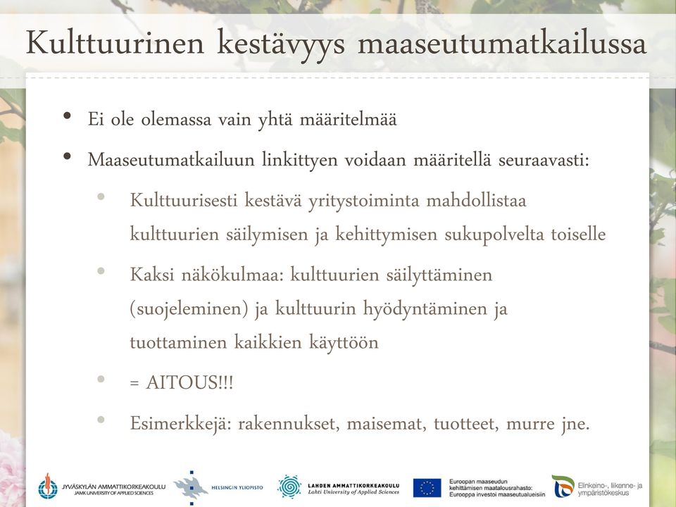 kehittymisen sukupolvelta toiselle Kaksi näkökulmaa: kulttuurien säilyttäminen (suojeleminen) ja kulttuurin