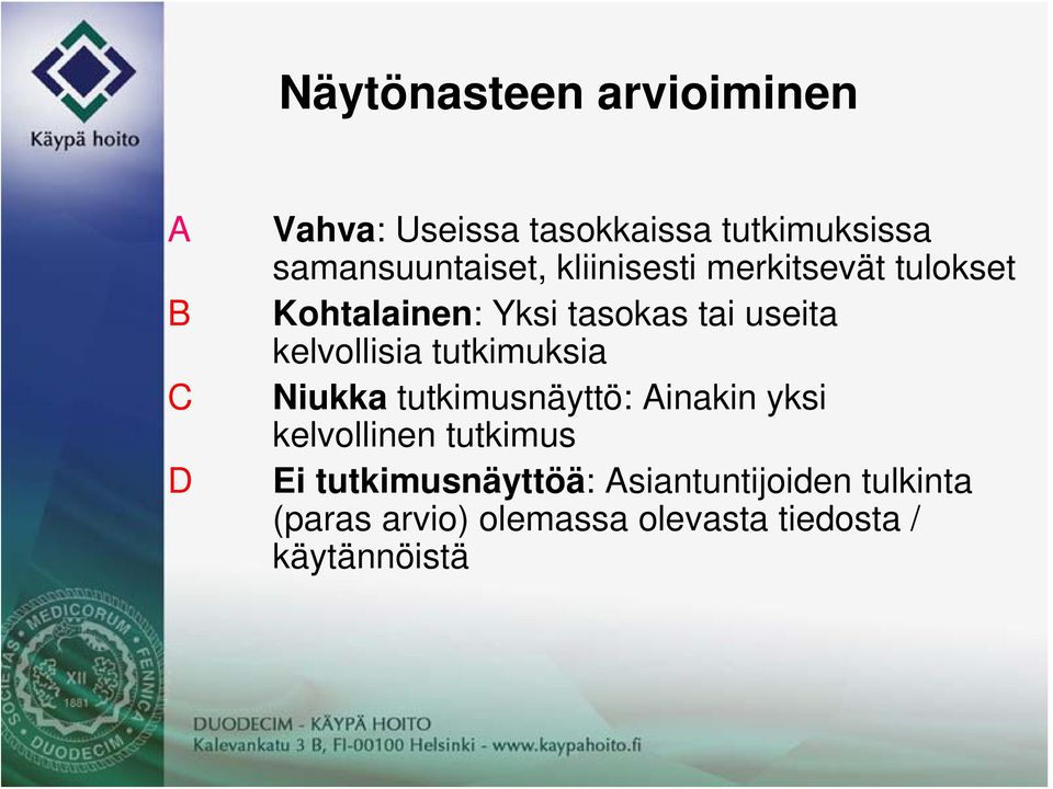 useita kelvollisia tutkimuksia Niukka tutkimusnäyttö: Ainakin yksi kelvollinen