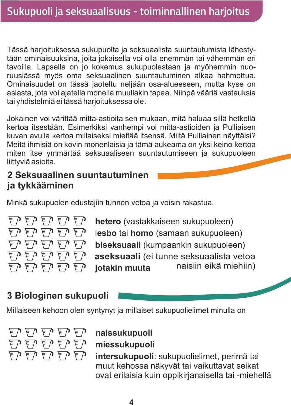 Ominaisuudet on tässä jaoteltu neljään osa-alueeseen, mutta kyse on asiasta, jota voi ajatella monella muullakin tapaa. Niinpä vääriä vastauksia tai yhdistelmiä ei tässä harjoituksessa ole.