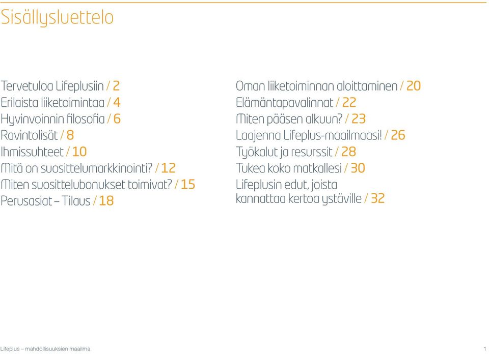 / 15 Perusasiat Tilaus / 18 Oman liiketoiminnan aloittaminen / 20 Elämäntapavalinnat / 22 Miten pääsen alkuun?