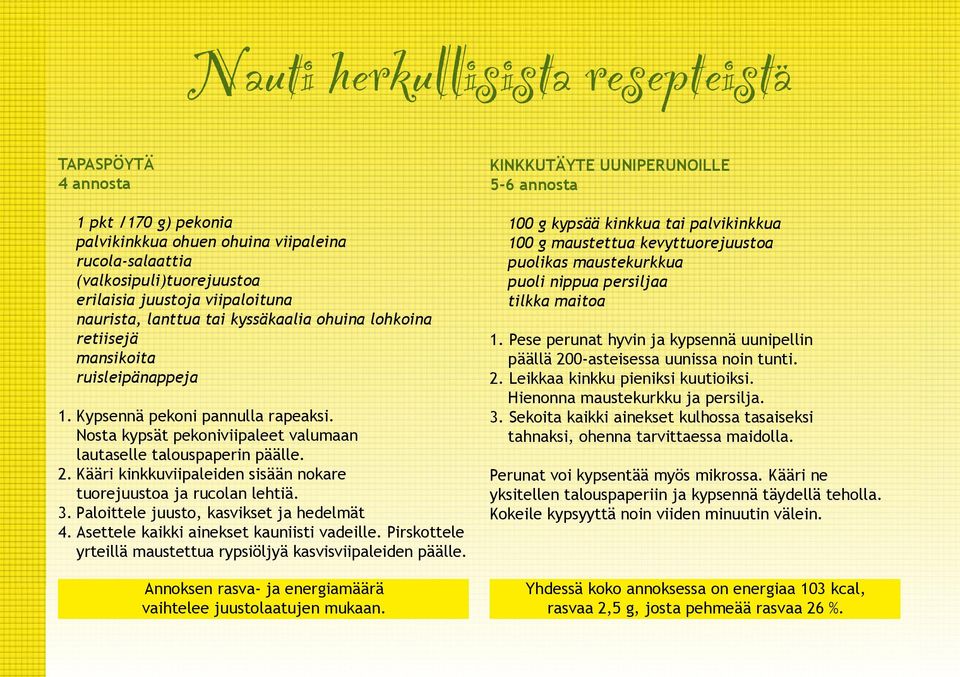 Kääri kinkkuviipaleiden sisään nokare tuorejuustoa ja rucolan lehtiä. 3. Paloittele juusto, kasvikset ja hedelmät 4. Asettele kaikki ainekset kauniisti vadeille.