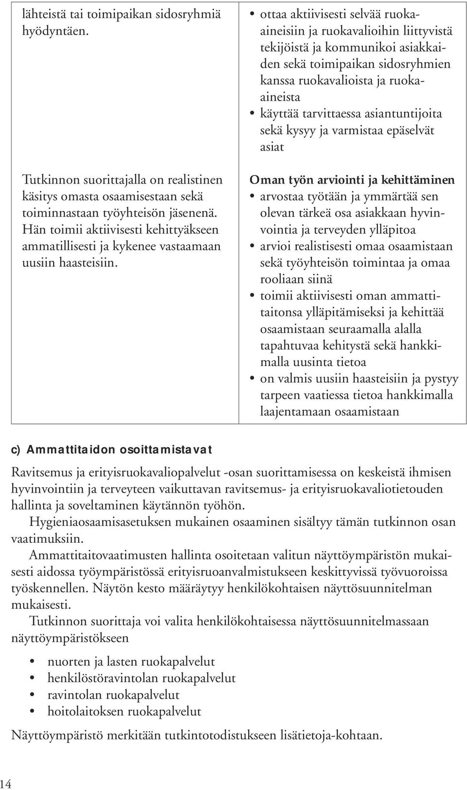 ottaa aktiivisesti selvää ruokaaineisiin ja ruokavalioihin liittyvistä tekijöistä ja kommunikoi asiakkaiden sekä toimipaikan sidosryhmien kanssa ruokavalioista ja ruokaaineista käyttää tarvittaessa