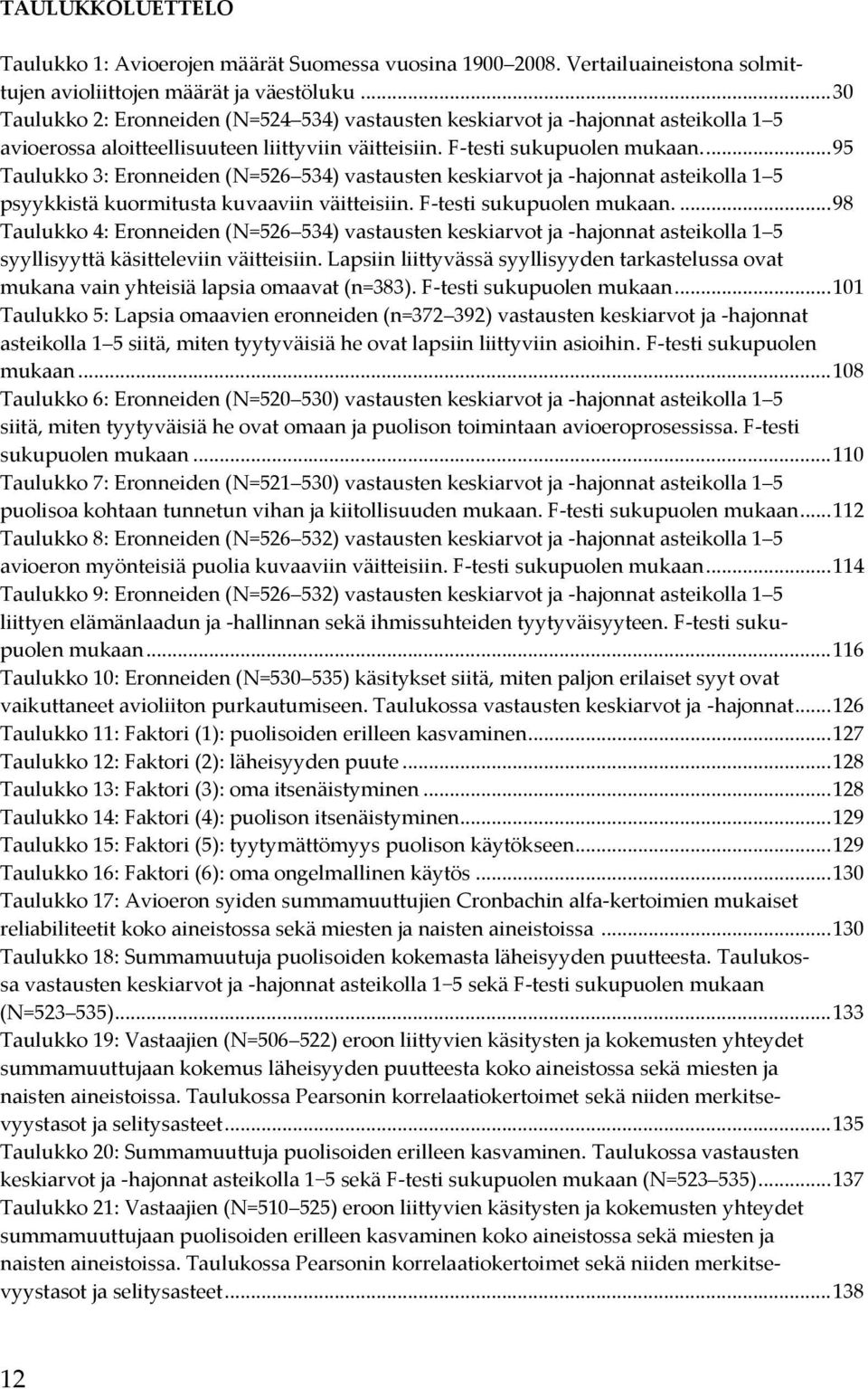 ... 95 Taulukko 3: Eronneiden (N=526 534) vastausten keskiarvot ja -hajonnat asteikolla 1 5 psyykkistä kuormitusta kuvaaviin väitteisiin. F-testi sukupuolen mukaan.