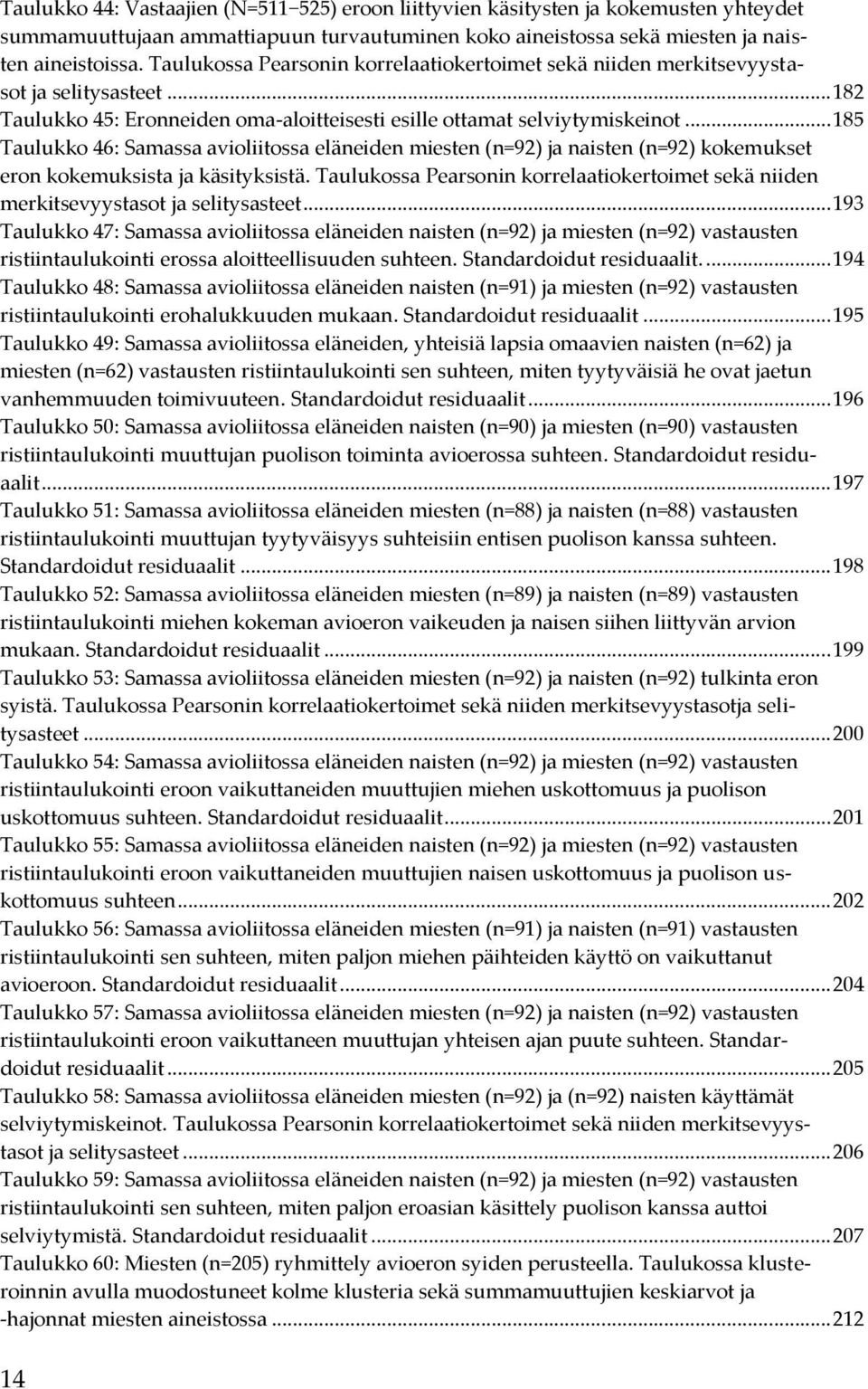 .. 185 Taulukko 46: Samassa avioliitossa eläneiden miesten (n=92) ja naisten (n=92) kokemukset eron kokemuksista ja käsityksistä.