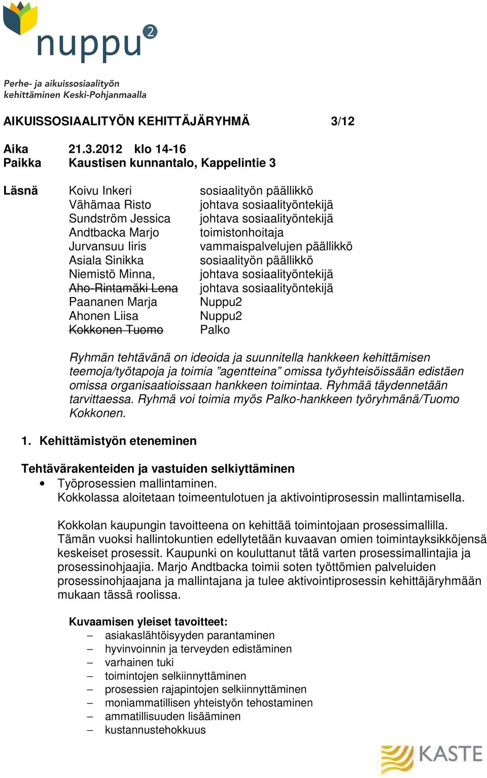 2012 klo 14-16 Paikka Kaustisen kunnantalo, Kappelintie 3 Läsnä Koivu Inkeri sosiaalityön päällikkö Vähämaa Risto johtava sosiaalityöntekijä Sundström Jessica johtava sosiaalityöntekijä Andtbacka