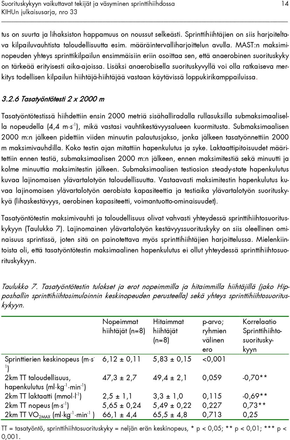 Lisäksi anaerobisella suorituskyvyllä voi olla ratkaiseva merkitys todellisen kilpailun hiihtäjä-hiihtäjää vastaan käytävissä loppukirikamppailuissa. 3.2.