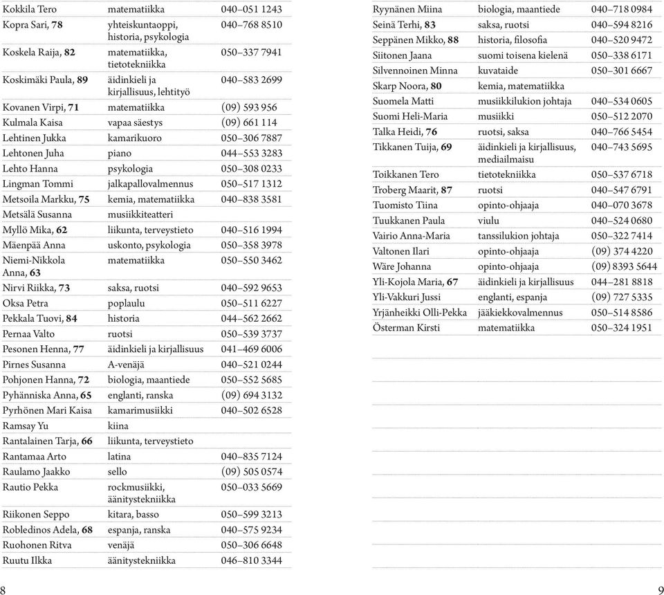 Hanna psykologia 050 308 0233 Lingman Tommi jalkapallovalmennus 050 517 1312 Metsoila Markku, 75 kemia, matematiikka 040 838 3581 Metsälä Susanna musiikkiteatteri Myllö Mika, 62 liikunta,