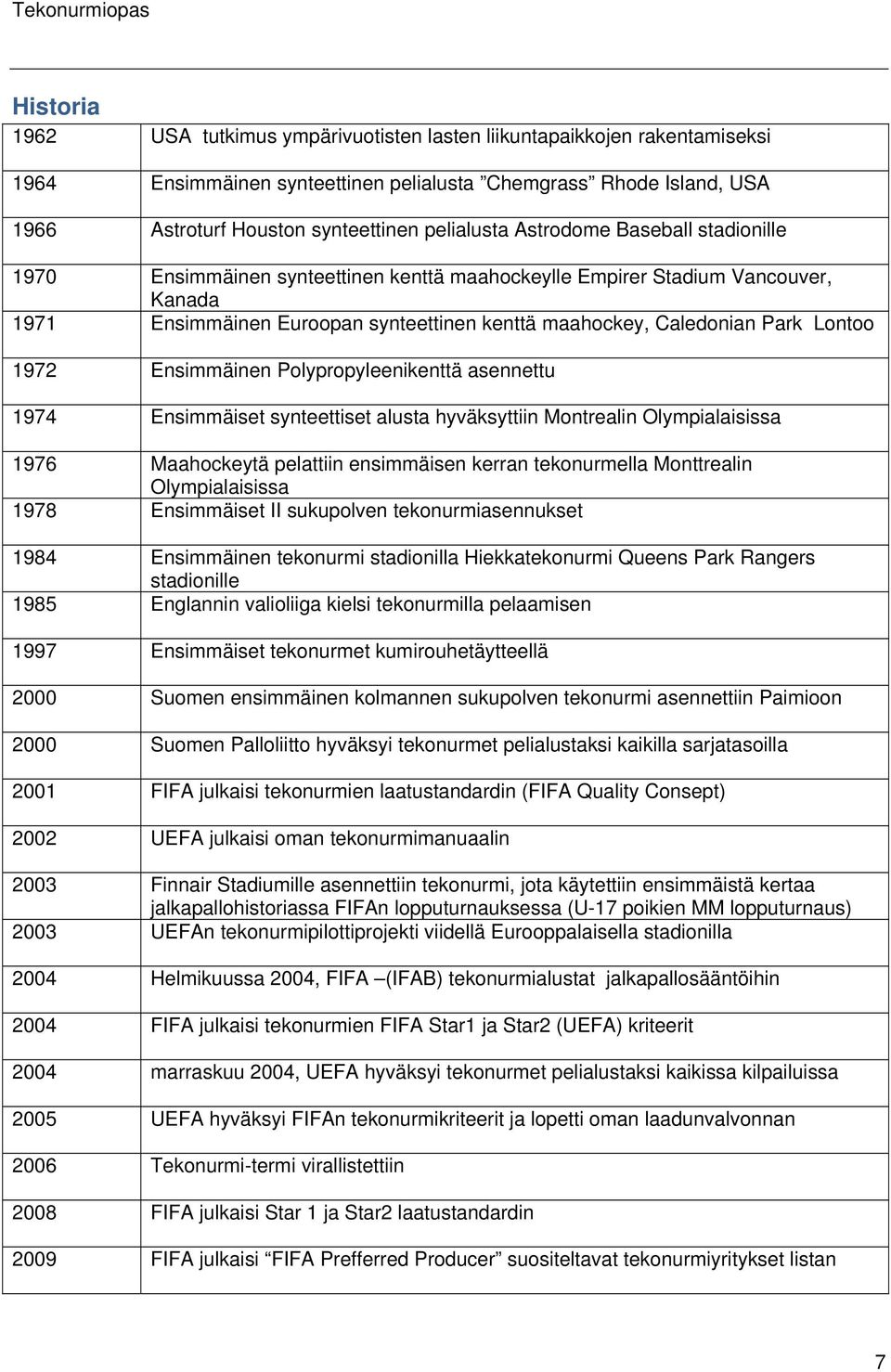 Ensimmäinen Polypropyleenikenttä asennettu 1974 Ensimmäiset synteettiset alusta hyväksyttiin Montrealin Olympialaisissa 1976 Maahockeytä pelattiin ensimmäisen kerran tekonurmella Monttrealin