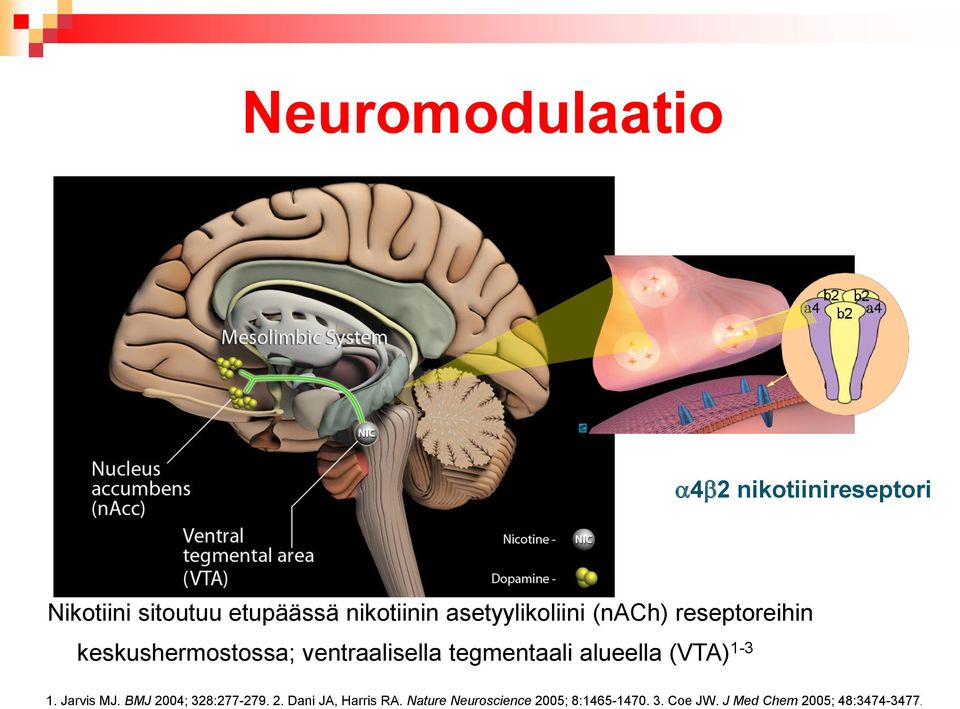 tegmentaali alueella (VTA) 1-3 1. Jarvis MJ. BMJ 2004; 328:277-279. 2. Dani JA, Harris RA.