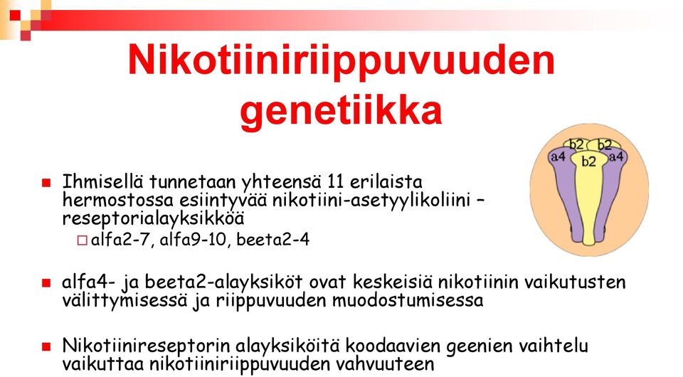 beeta2-alayksiköt ovat keskeisiä nikotiinin vaikutusten välittymisessä ja riippuvuuden