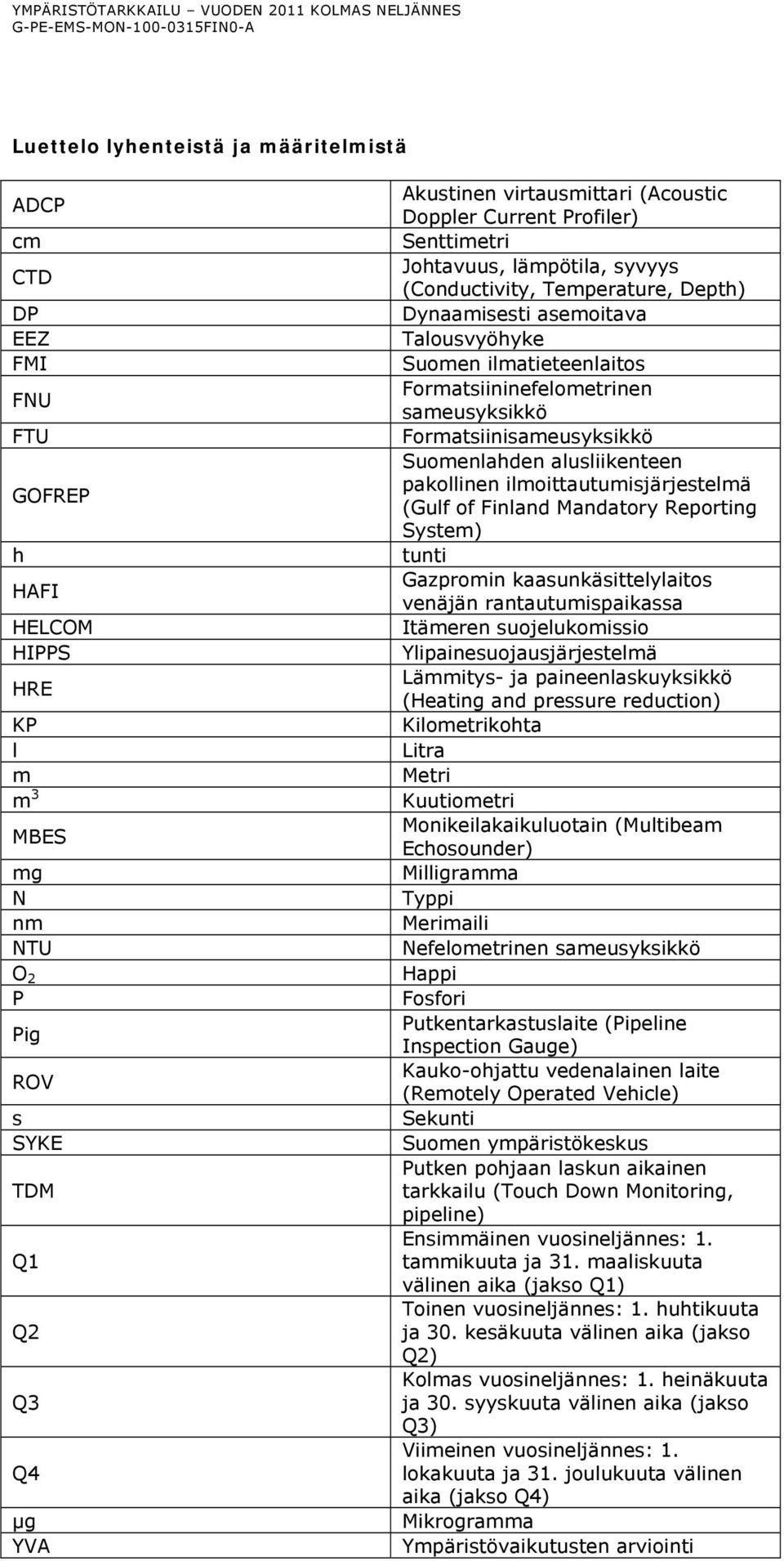 Formatsiinisameusyksikkö Suomenlahden alusliikenteen GOFREP pakollinen ilmoittautumisjärjestelmä (Gulf of Finland Mandatory Reporting System) h tunti HAFI Gazpromin kaasunkäsittelylaitos venäjän