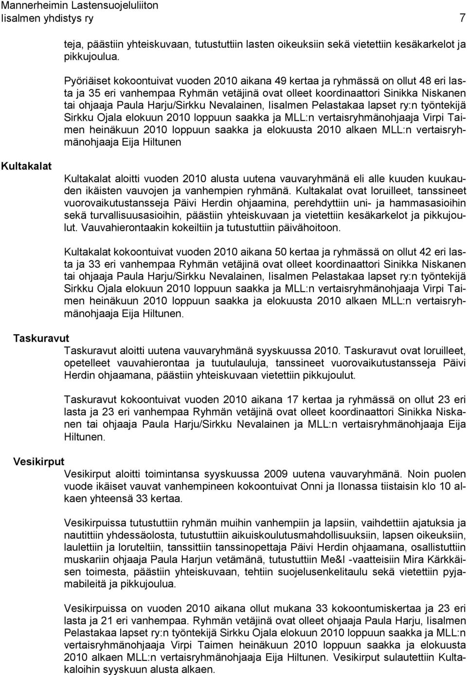 Nevalainen, Iisalmen Pelastakaa lapset ry:n työntekijä Sirkku Ojala elokuun 2010 loppuun saakka ja MLL:n vertaisryhmänohjaaja Virpi Taimen heinäkuun 2010 loppuun saakka ja elokuusta 2010 alkaen MLL:n