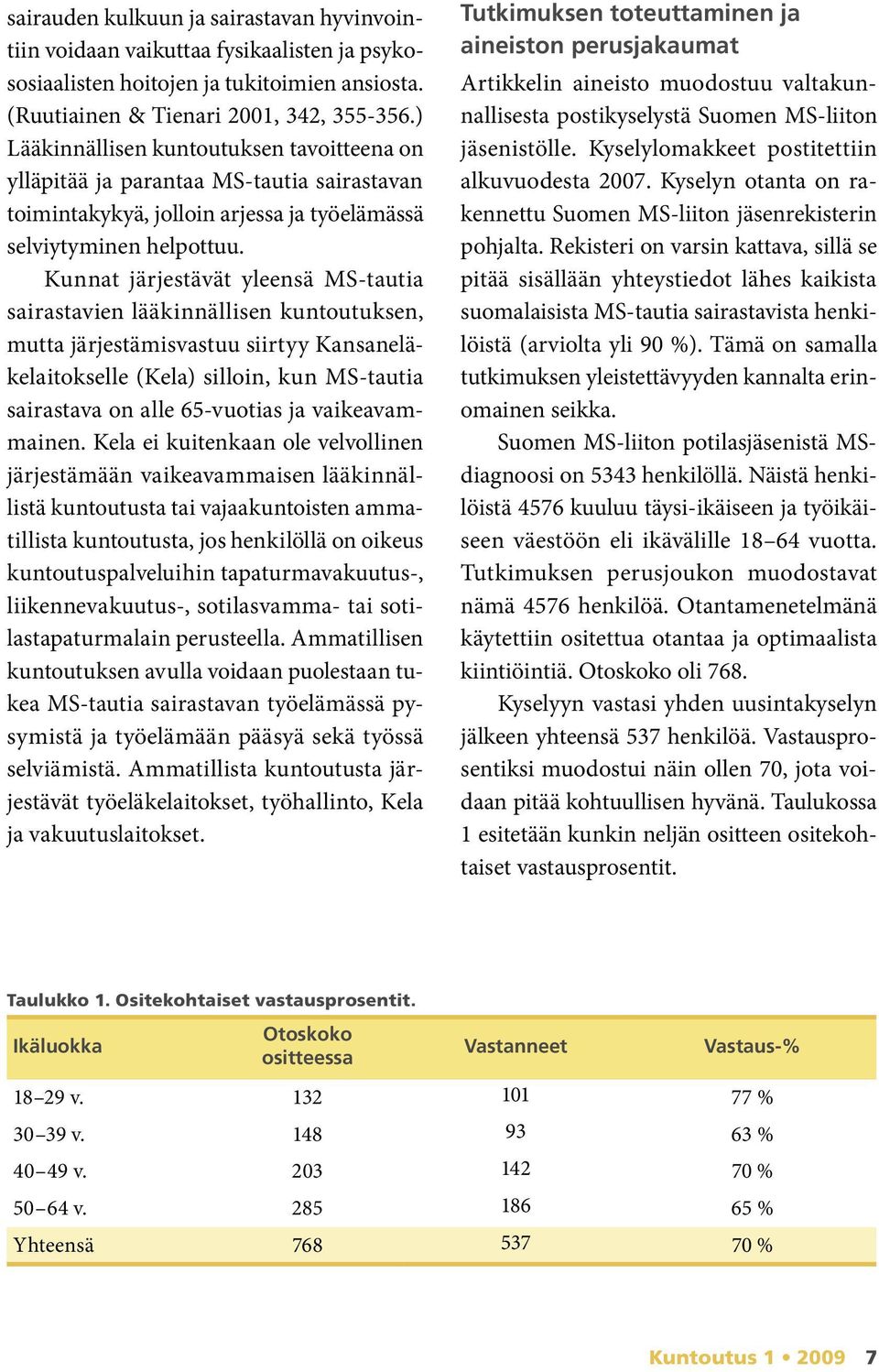 Kunnat järjestävät yleensä MS-tautia sairastavien lääkinnällisen kuntoutuksen, mutta järjestämisvastuu siirtyy Kansaneläkelaitokselle (Kela) silloin, kun MS-tautia sairastava on alle 65-vuotias ja