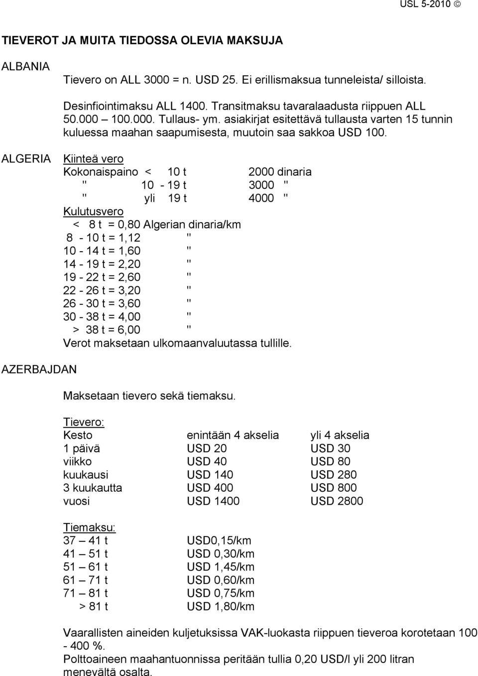 ALGERIA Kiinteä vero Kokonaispaino < 10 t 2000 dinaria " 10-19 t 3000 " " yli 19 t 4000 " Kulutusvero < 8 t = 0,80 Algerian dinaria/km 8-10 t = 1,12 " 10-14 t = 1,60 " 14-19 t = 2,20 " 19-22 t = 2,60