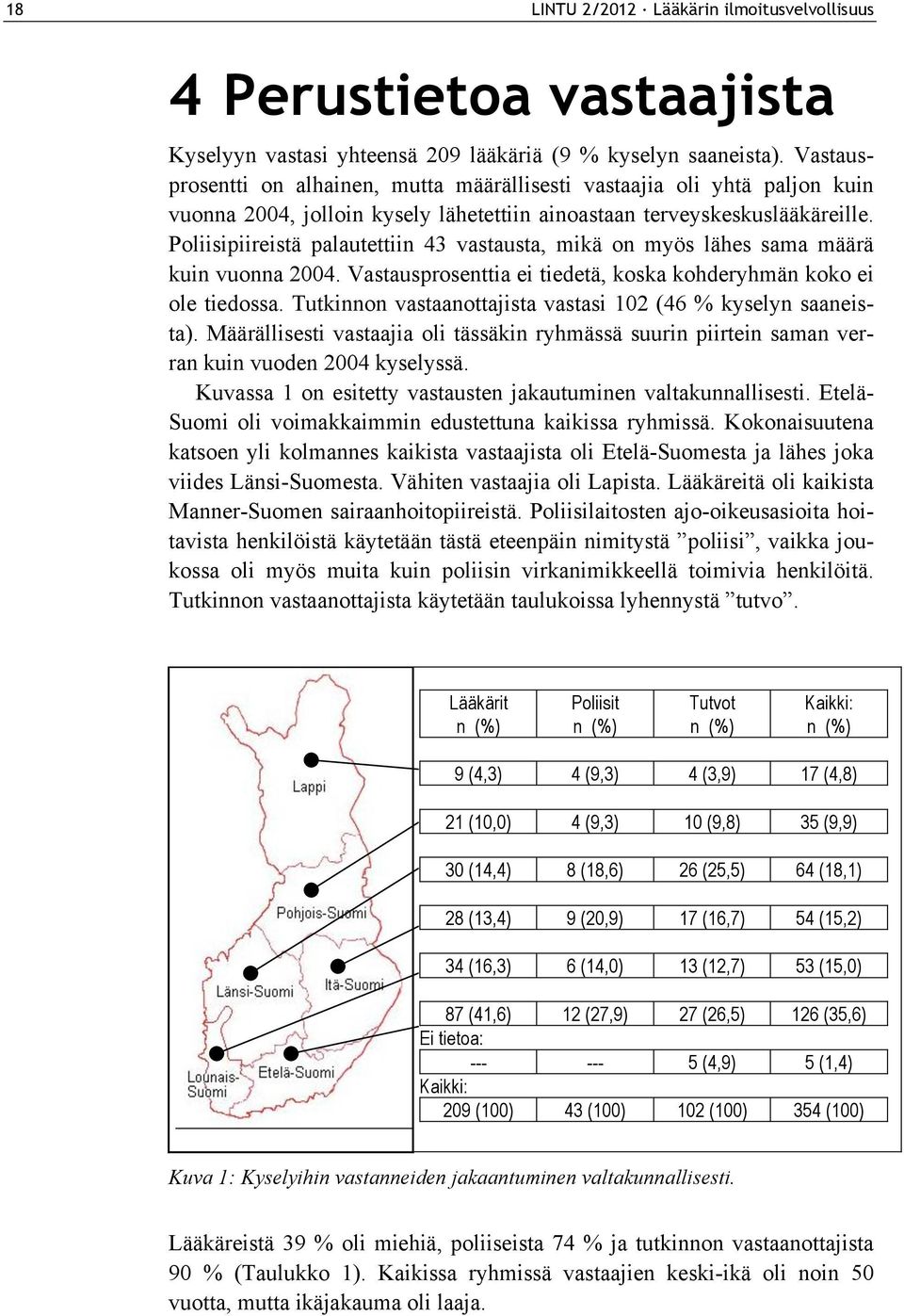 Poliisipiireistä palautettiin 43 vastausta, mikä on myös lähes sama määrä kuin vuonna 2004. Vastausprosenttia ei tiedetä, koska kohderyhmän koko ei ole tiedossa.