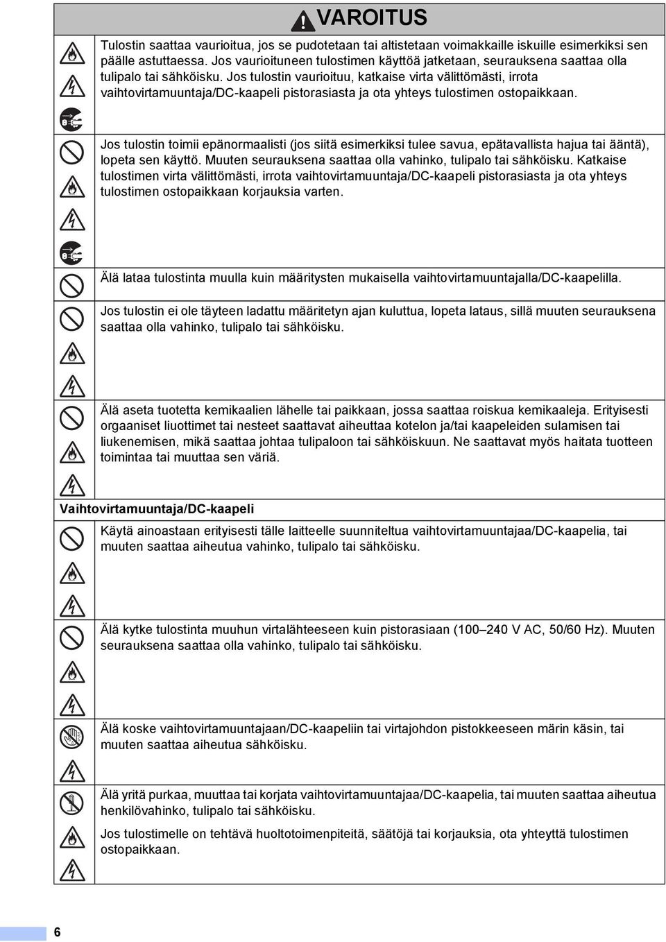 Jos tulostin vaurioituu, katkaise virta välittömästi, irrota vaihtovirtamuuntaja/dc-kaapeli pistorasiasta ja ota yhteys tulostimen ostopaikkaan.