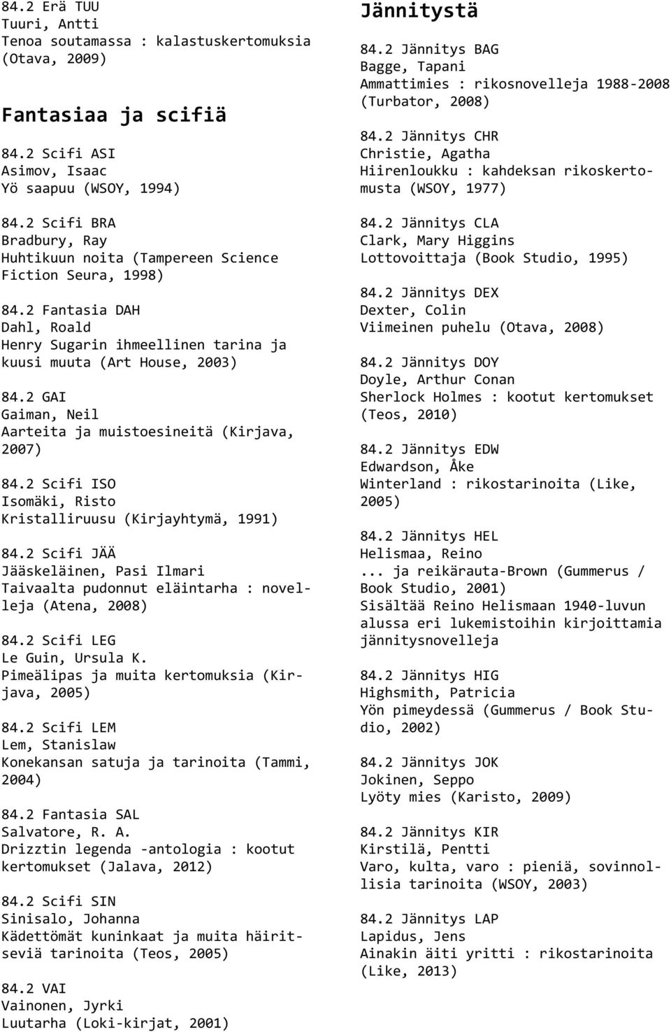 2 GAI Gaiman, Neil Aarteita ja muistoesineitä (Kirjava, 2007) 84.2 Scifi ISO Isomäki, Risto Kristalliruusu (Kirjayhtymä, 1991) 84.