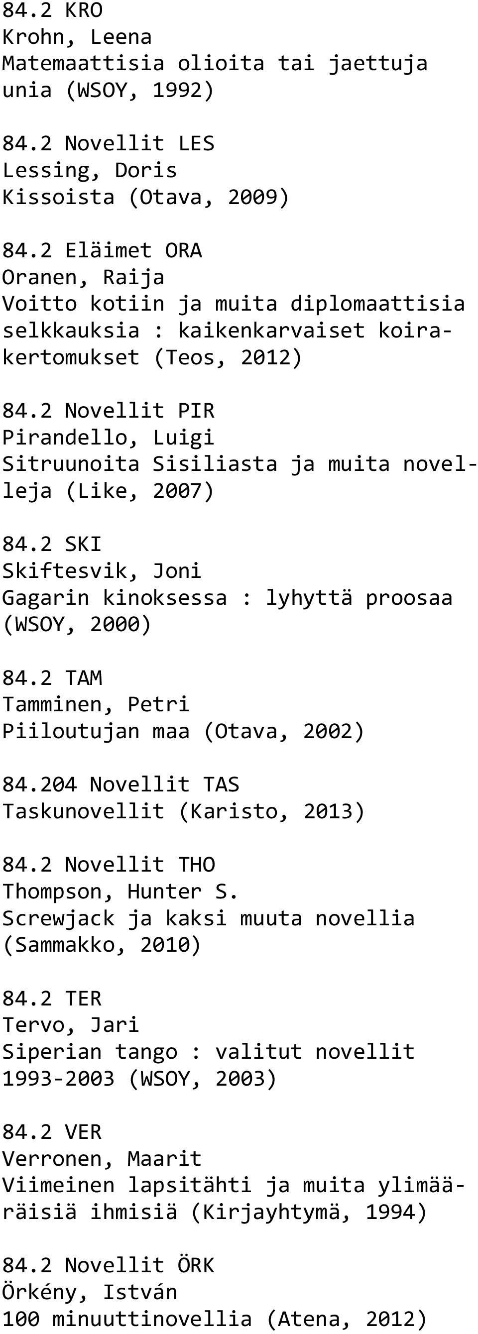 2 Novellit PIR Pirandello, Luigi Sitruunoita Sisiliasta ja muita novelleja (Like, 2007) 84.2 SKI Skiftesvik, Joni Gagarin kinoksessa : lyhyttä proosaa (WSOY, 2000) 84.