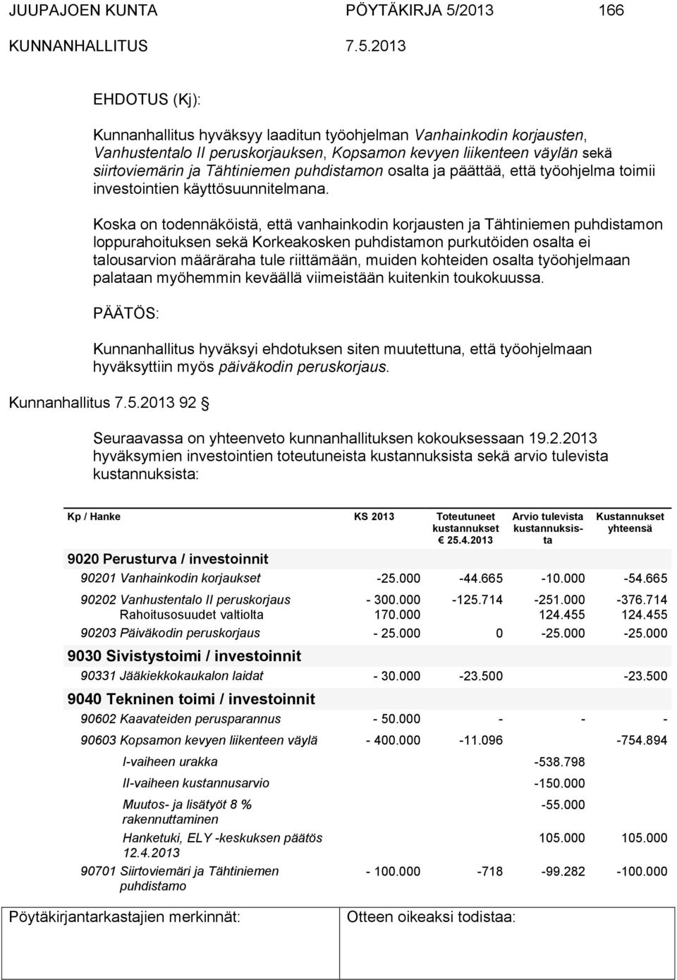 Koska on todennäköistä, että vanhainkodin korjausten ja Tähtiniemen puhdistamon loppurahoituksen sekä Korkeakosken puhdistamon purkutöiden osalta ei talousarvion määräraha tule riittämään, muiden