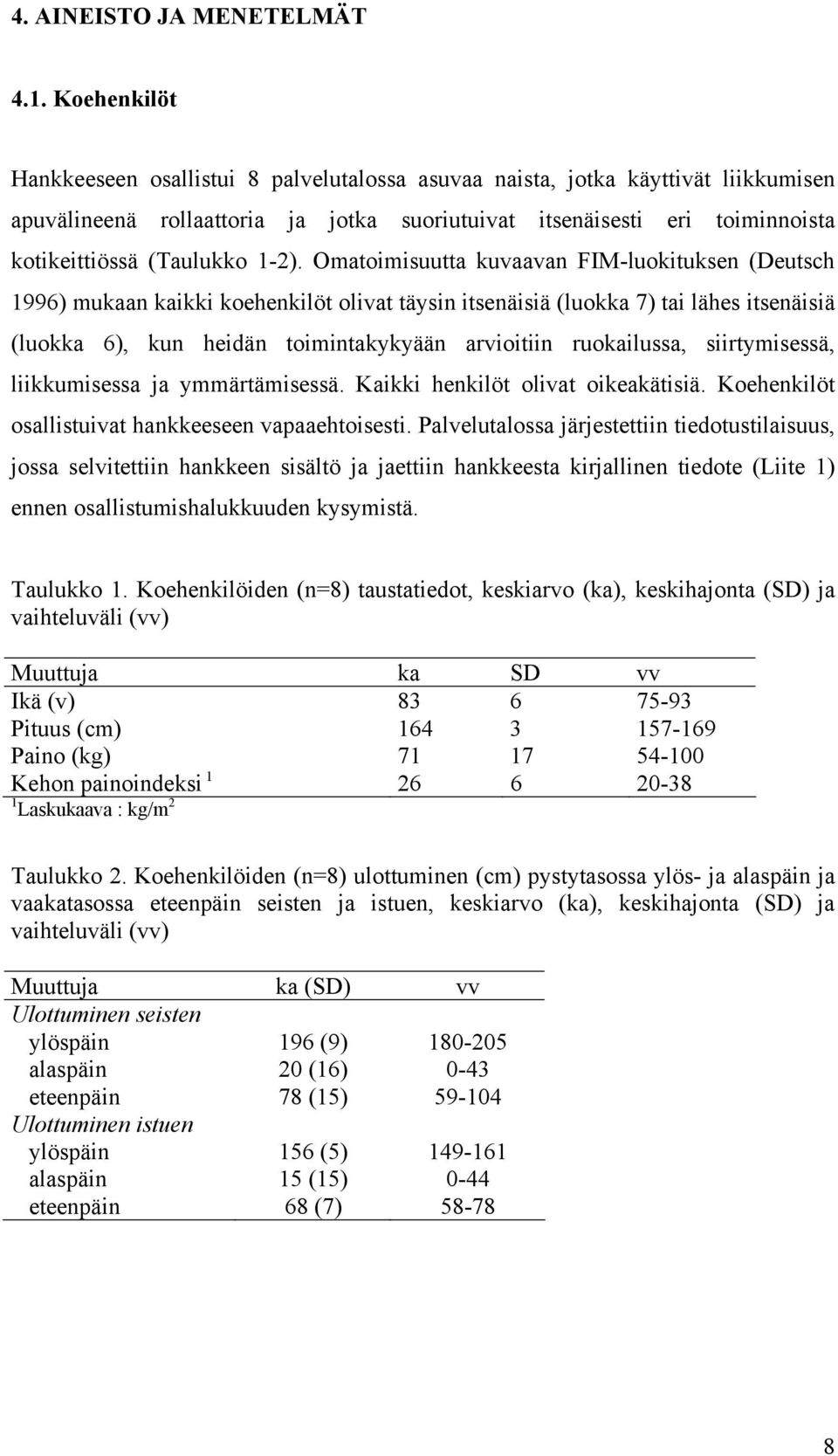 1-2). Omatoimisuutta kuvaavan FIM-luokituksen (Deutsch 1996) mukaan kaikki koehenkilöt olivat täysin itsenäisiä (luokka 7) tai lähes itsenäisiä (luokka 6), kun heidän toimintakykyään arvioitiin