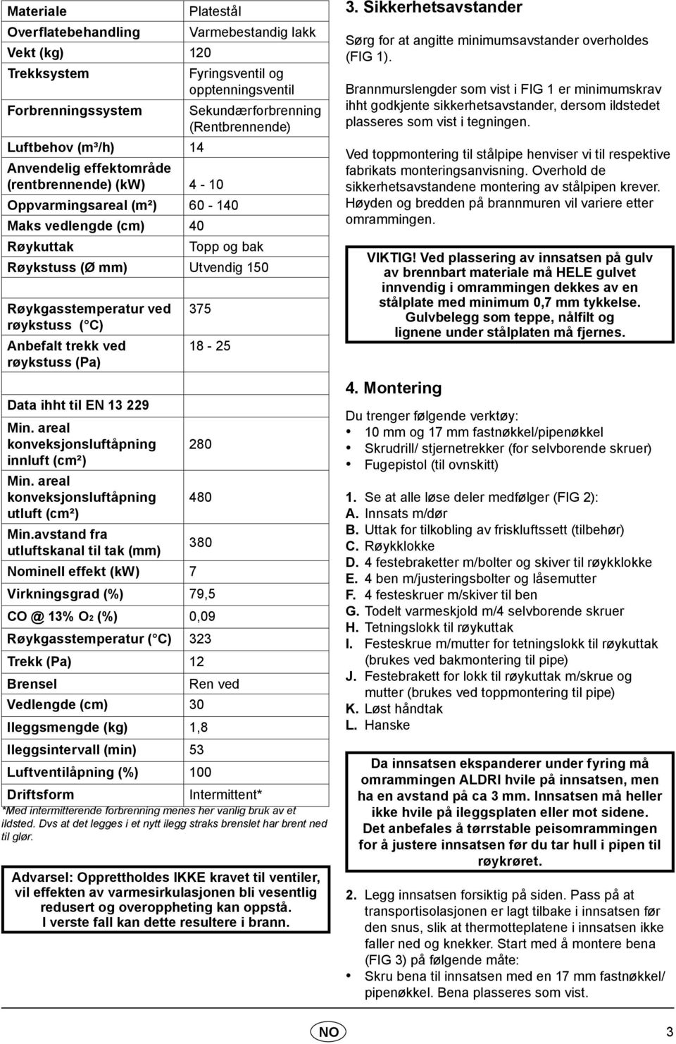 Anbefalt trekk ved røykstuss (Pa) 375 18-25 Data ihht til EN 13 229 Min. areal konveksjonsluftåpning 280 innluft (cm²) Min. areal konveksjonsluftåpning 480 utluft (cm²) Min.