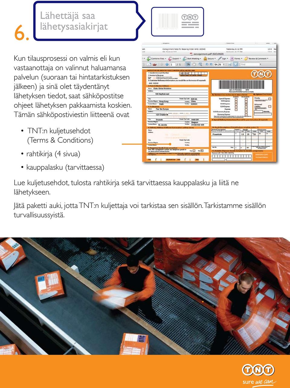 Tämän sähköpostiviestin liitteenä ovat TNT:n kuljetusehdot (Terms & Conditions) rahtikirja (4 sivua) kauppalasku (tarvittaessa) Lue kuljetusehdot,