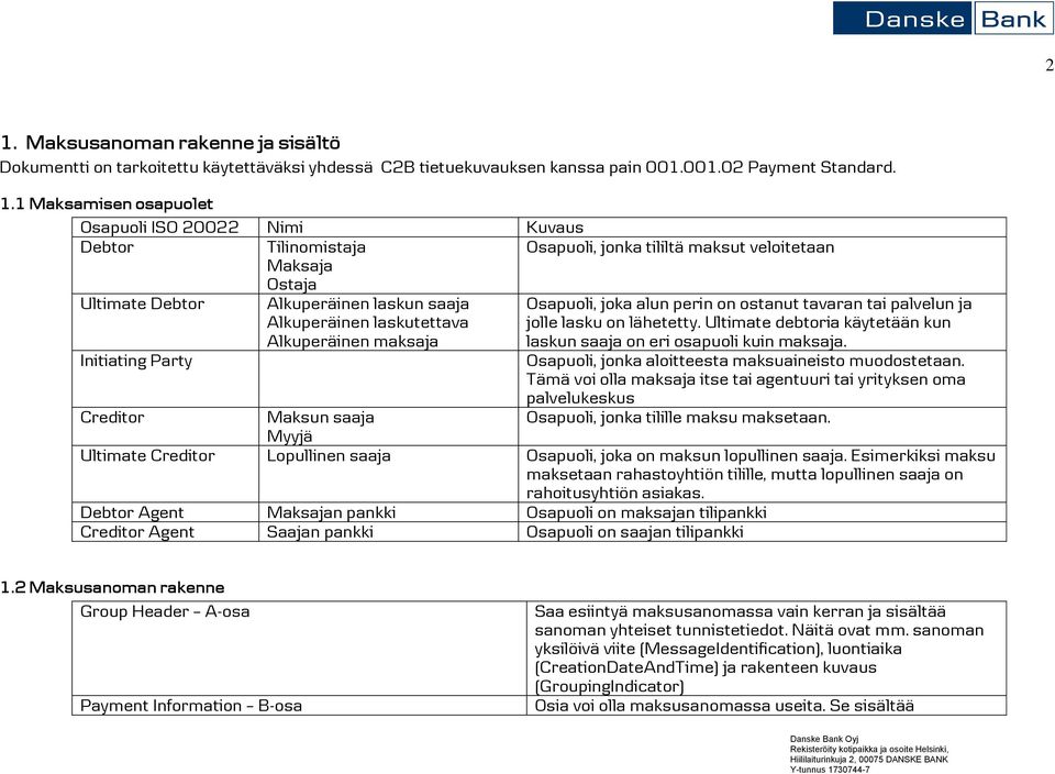 maksaja. Initiating Party Osapuoli, joka alun perin on ostanut tavaran tai palvelun ja jolle lasku on lähetetty. Ultimate debtia käytetään kun Osapuoli, jonka aloitteesta maksuaineisto muodostetaan.